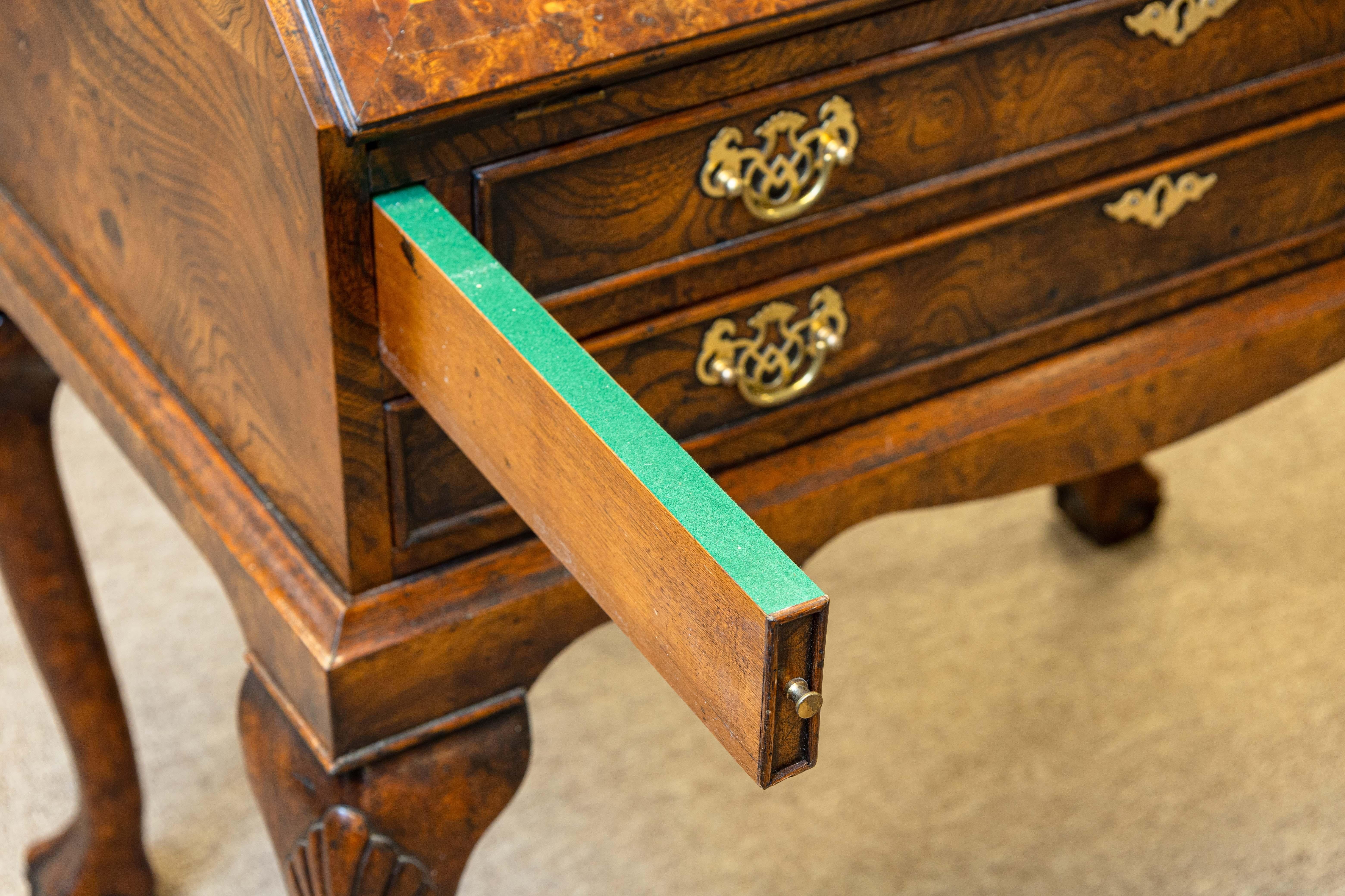 Antique Queen Anne Style Burr Walnut Bureau Bookcase Secretary Desk For Sale 4