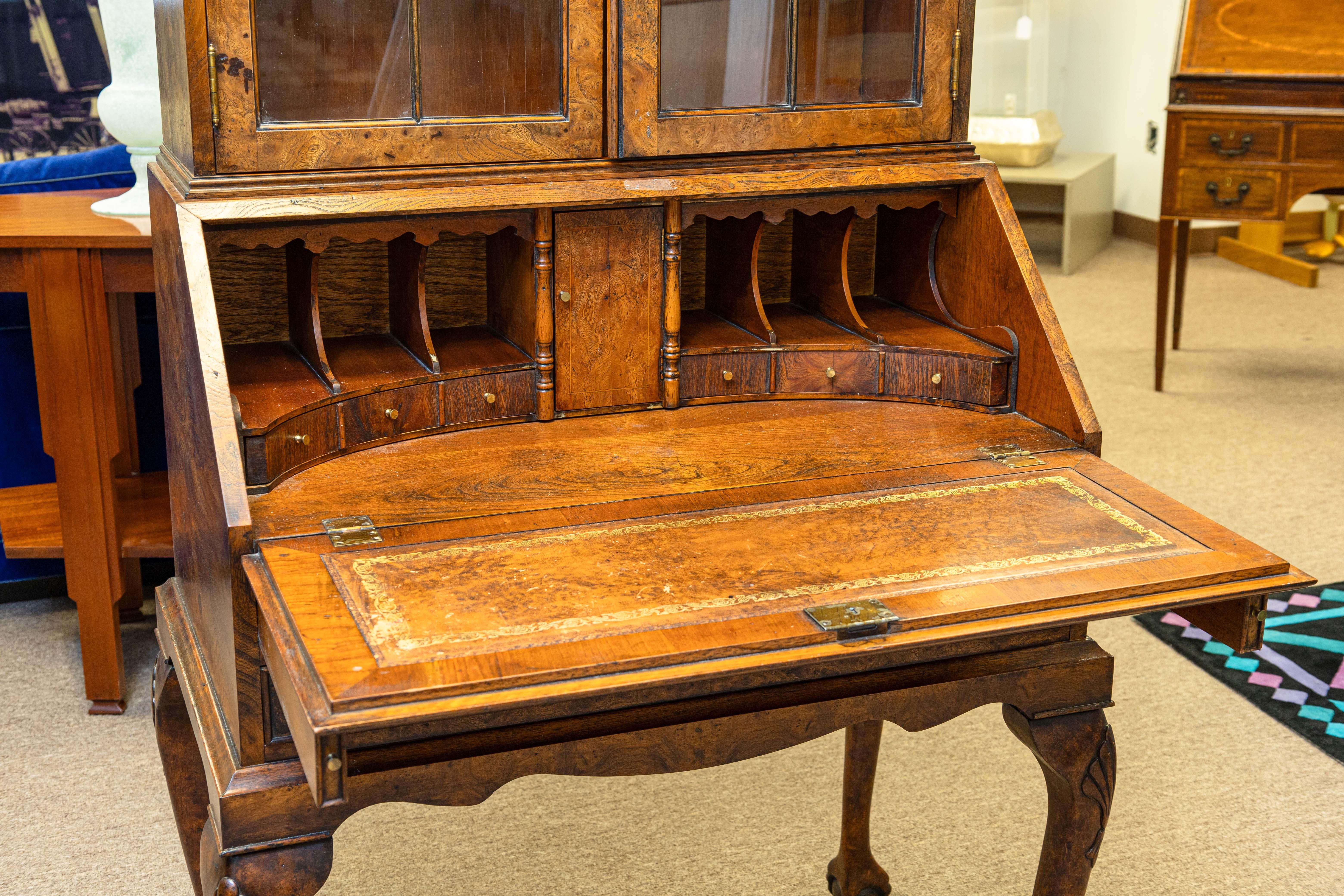 Antique Queen Anne Style Burr Walnut Bureau Bookcase Secretary Desk For Sale 5
