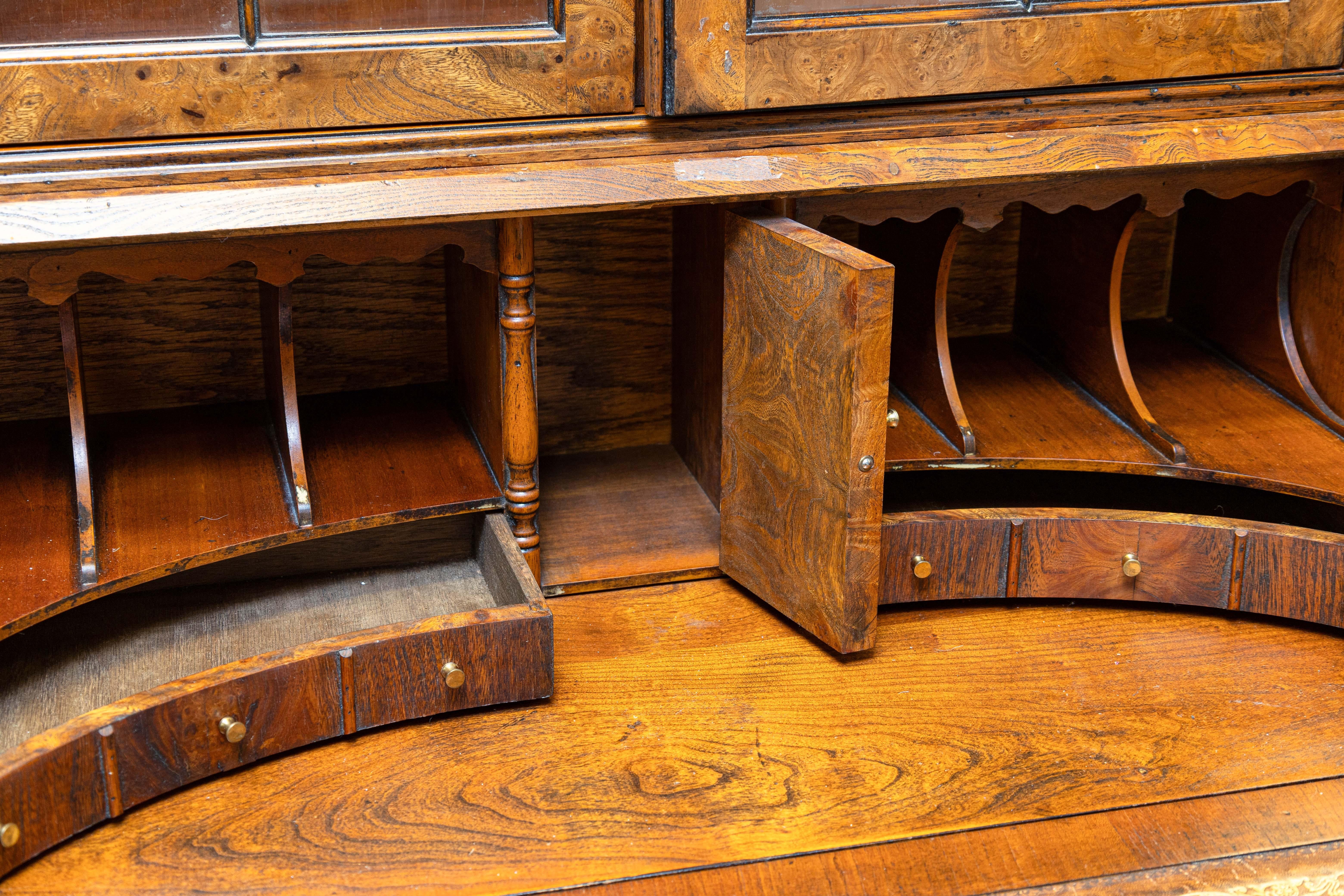 Antique Queen Anne Style Burr Walnut Bureau Bookcase Secretary Desk For Sale 6
