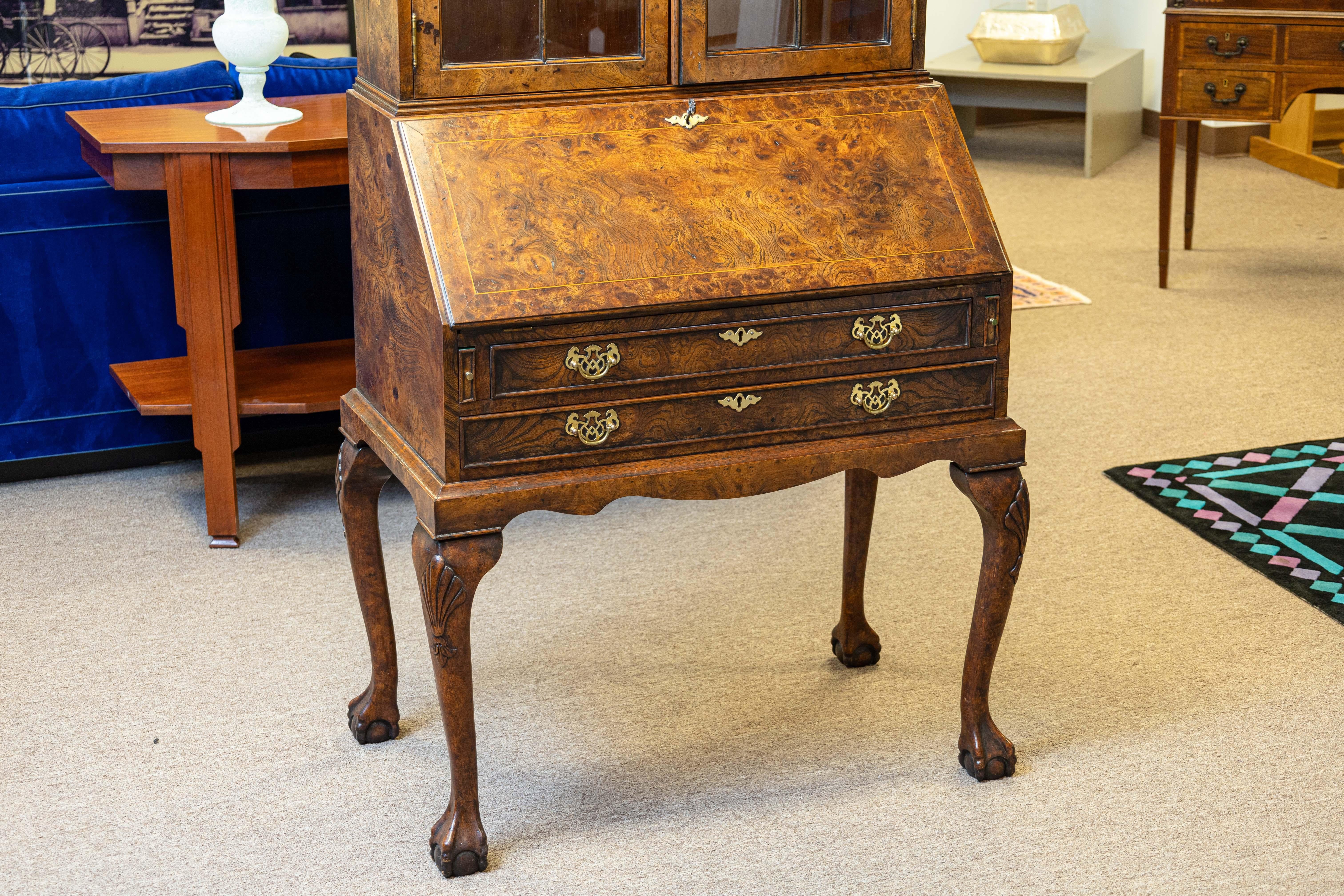 Victorian Antique Queen Anne Style Burr Walnut Bureau Bookcase Secretary Desk For Sale