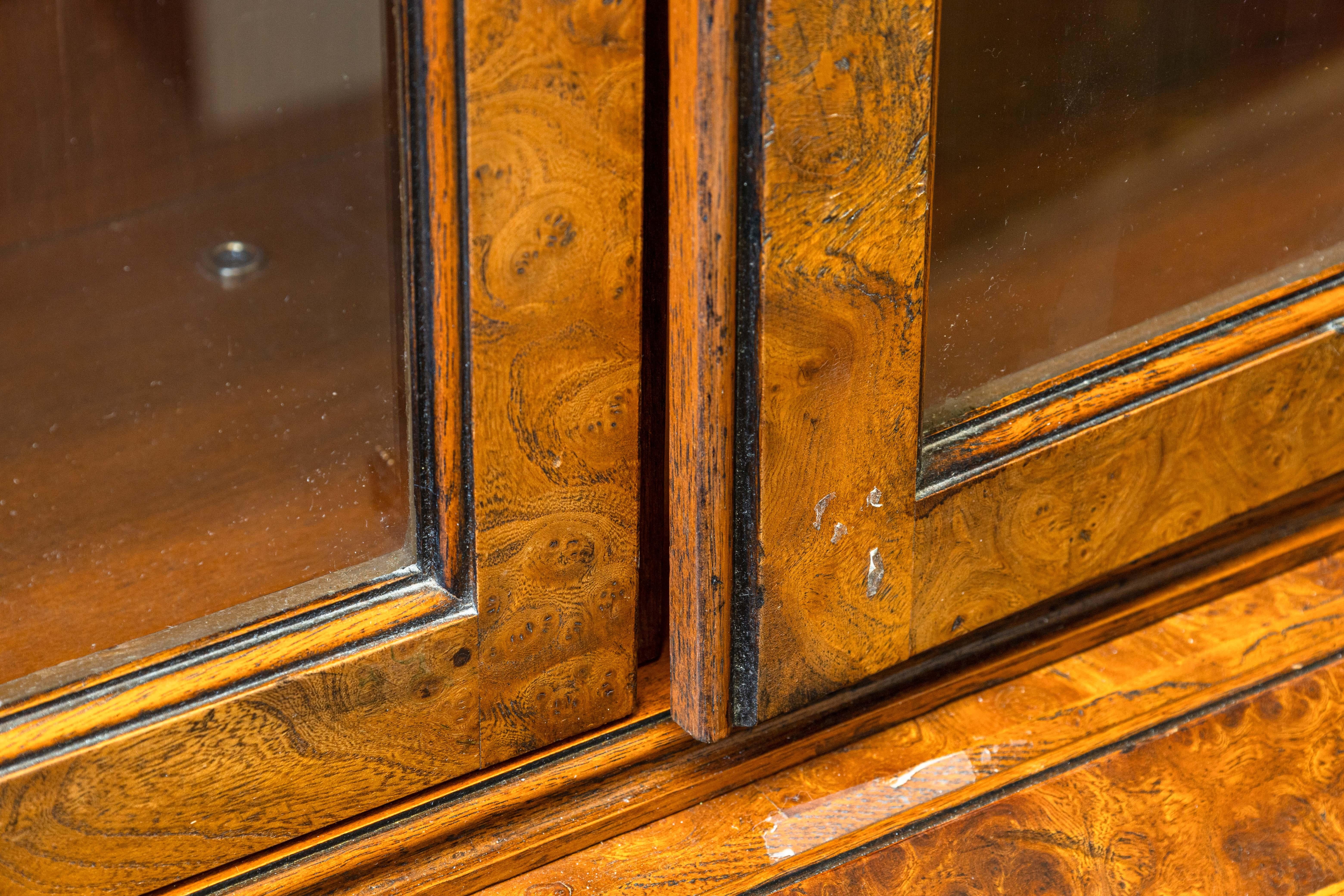 20th Century Antique Queen Anne Style Burr Walnut Bureau Bookcase Secretary Desk For Sale