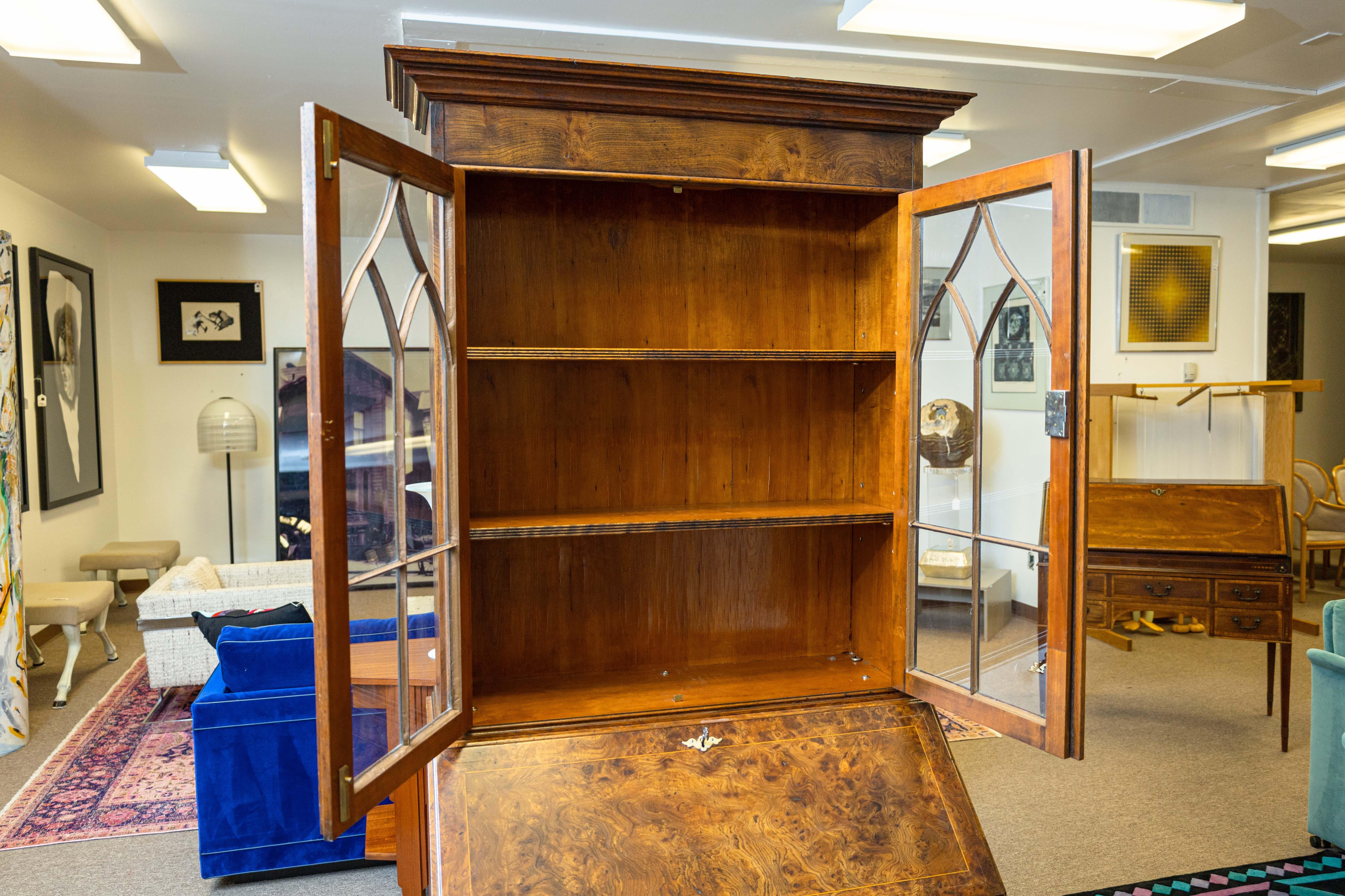 Antique Queen Anne Style Burr Walnut Bureau Bookcase Secretary Desk For Sale 1