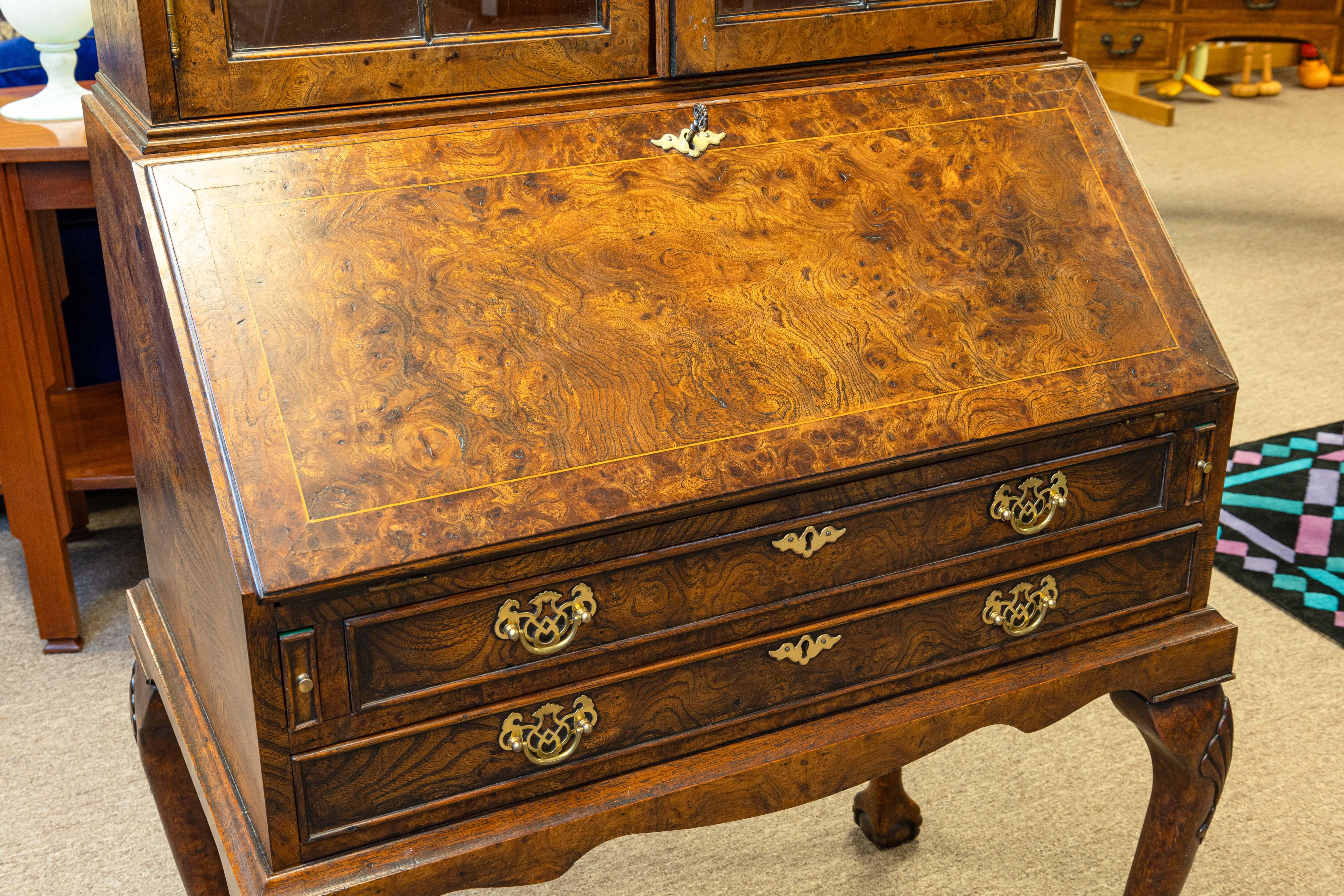 Antique Queen Anne Style Burr Walnut Bureau Bookcase Secretary Desk For Sale 2