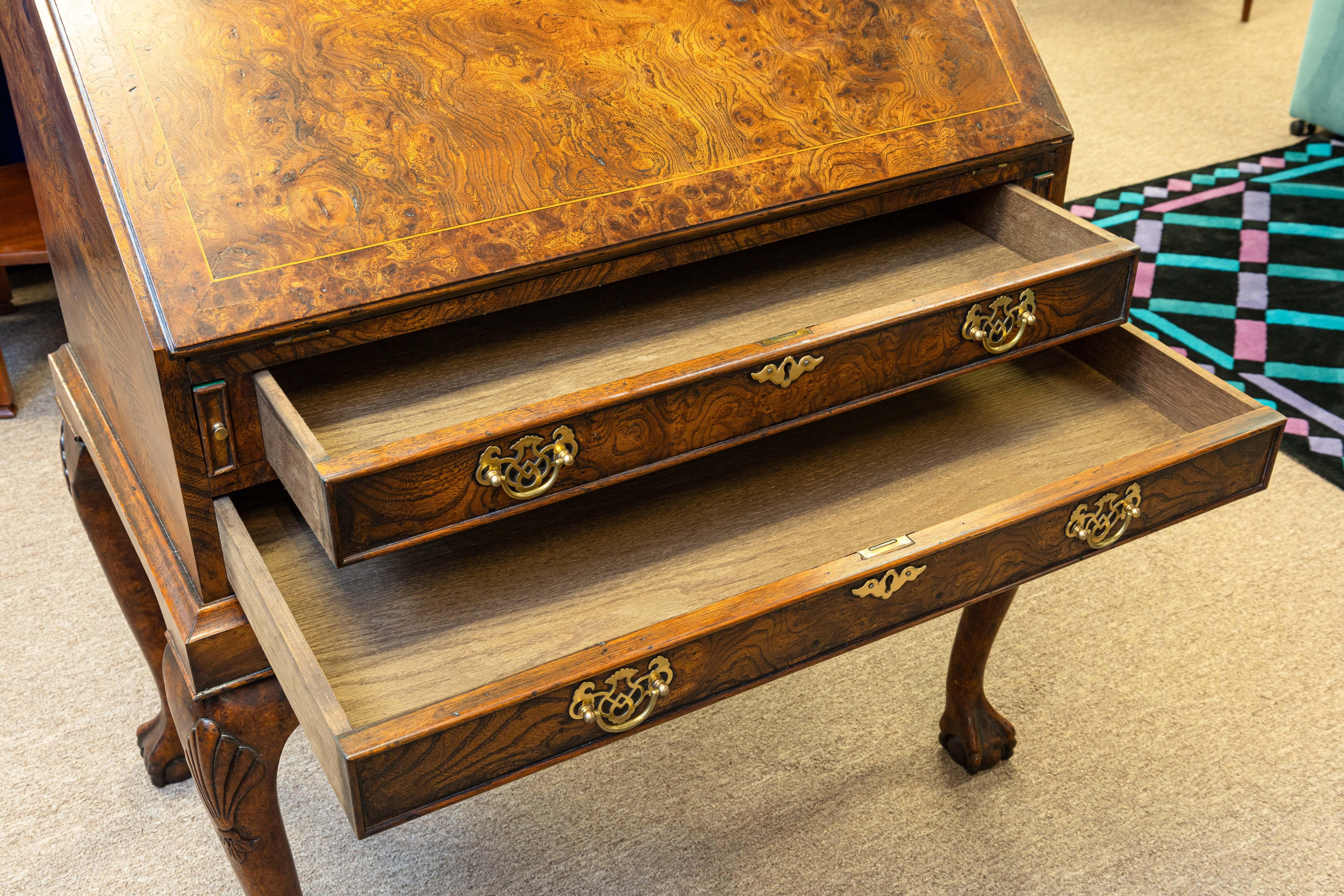 Antique Queen Anne Style Burr Walnut Bureau Bookcase Secretary Desk For Sale 3