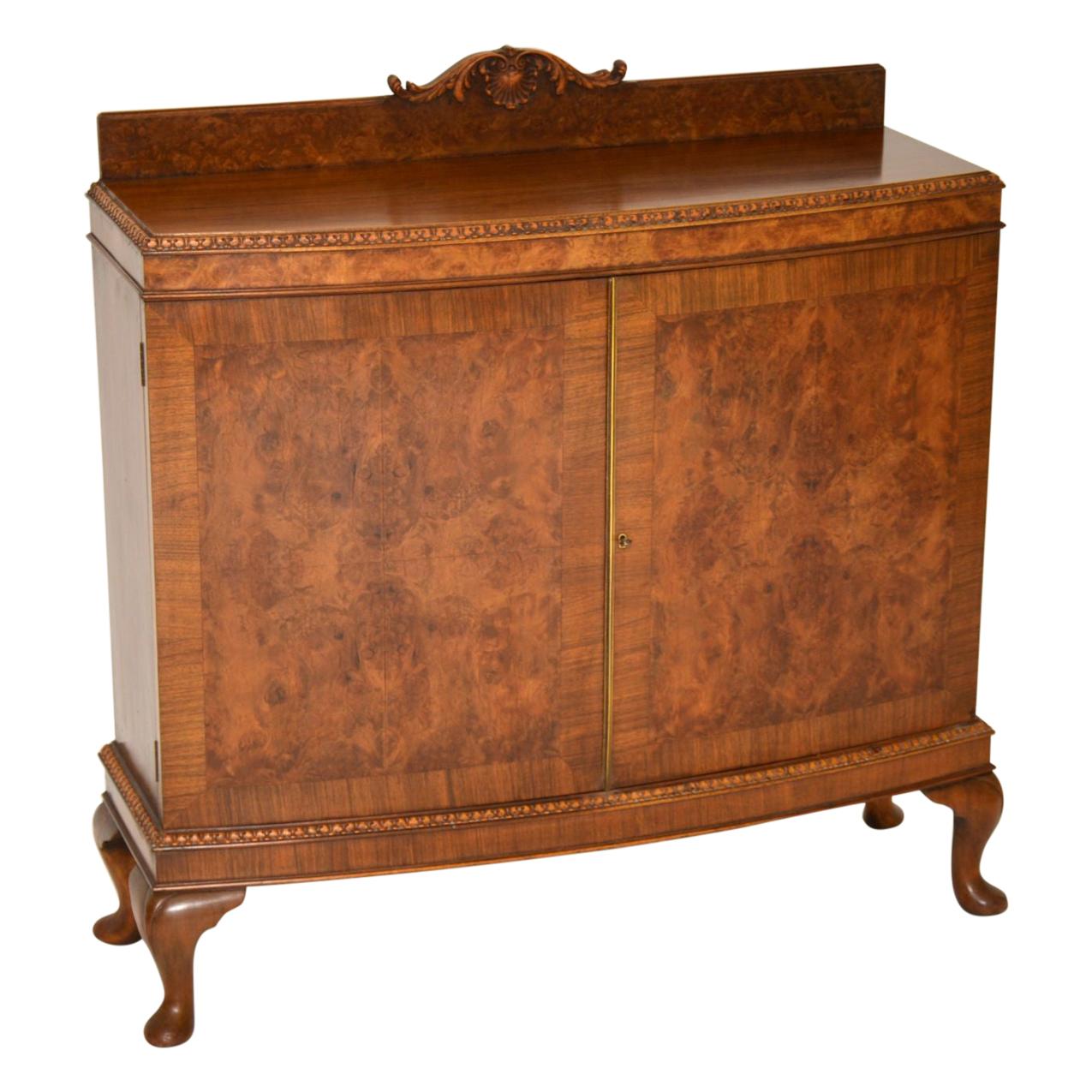 Antique Queen Anne Style Burr Walnut Cabinet Sideboard