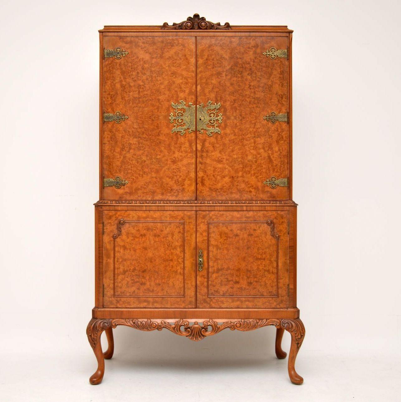 English Antique Queen Anne Style Burr Walnut Cocktail Cabinet