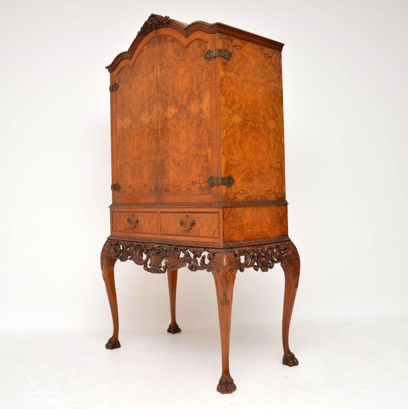 British Antique Queen Anne Style Burr Walnut Cocktail Cabinet