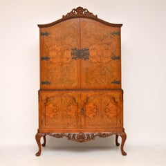 Antique Queen Anne Style Burr Walnut Cocktail Drinks Cabinet