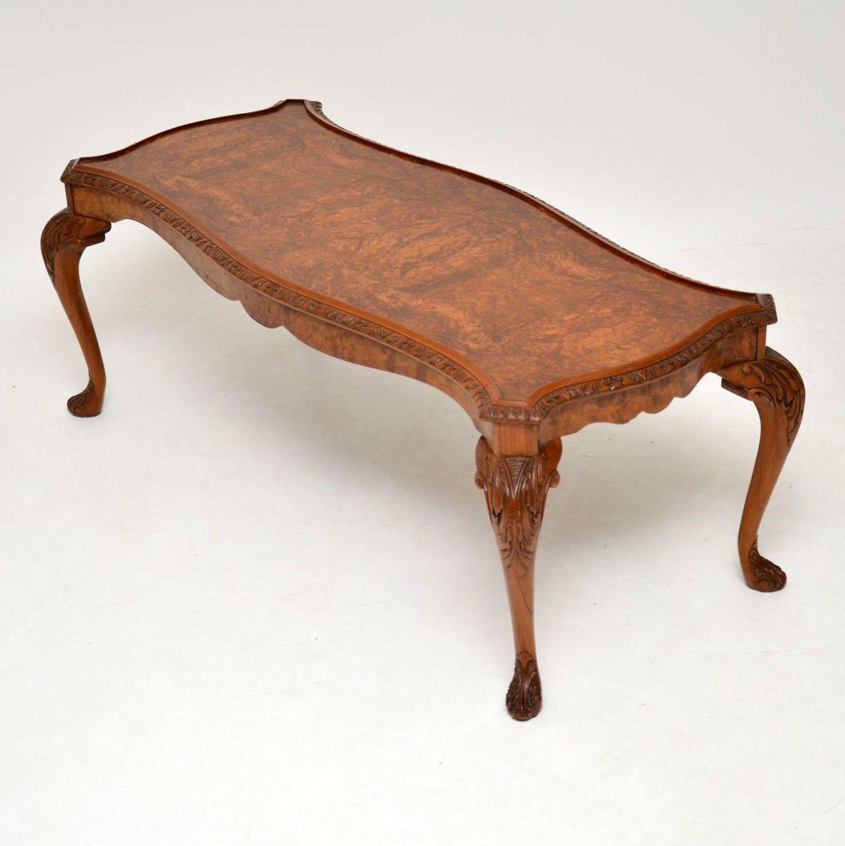 English Antique Queen Anne Style Burr Walnut Coffee Table