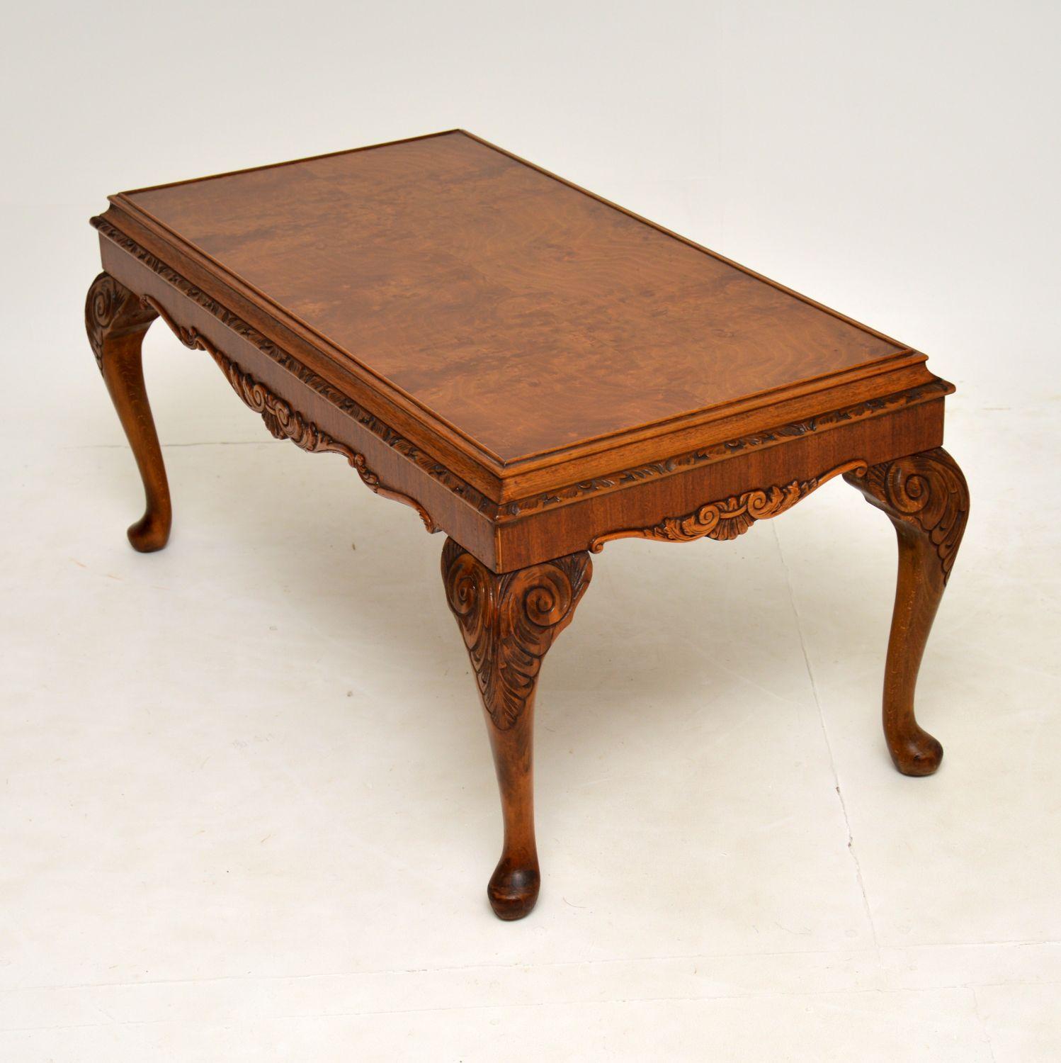 English Antique Queen Anne Style Burr Walnut Coffee Table