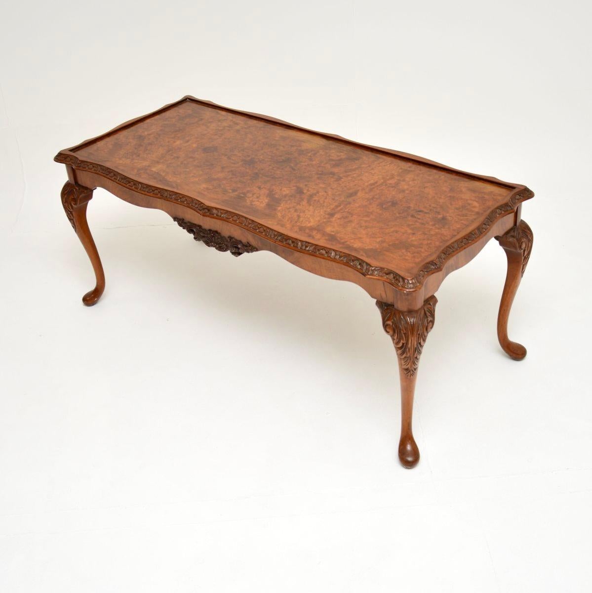 British Antique Queen Anne Style Burr Walnut Coffee Table For Sale