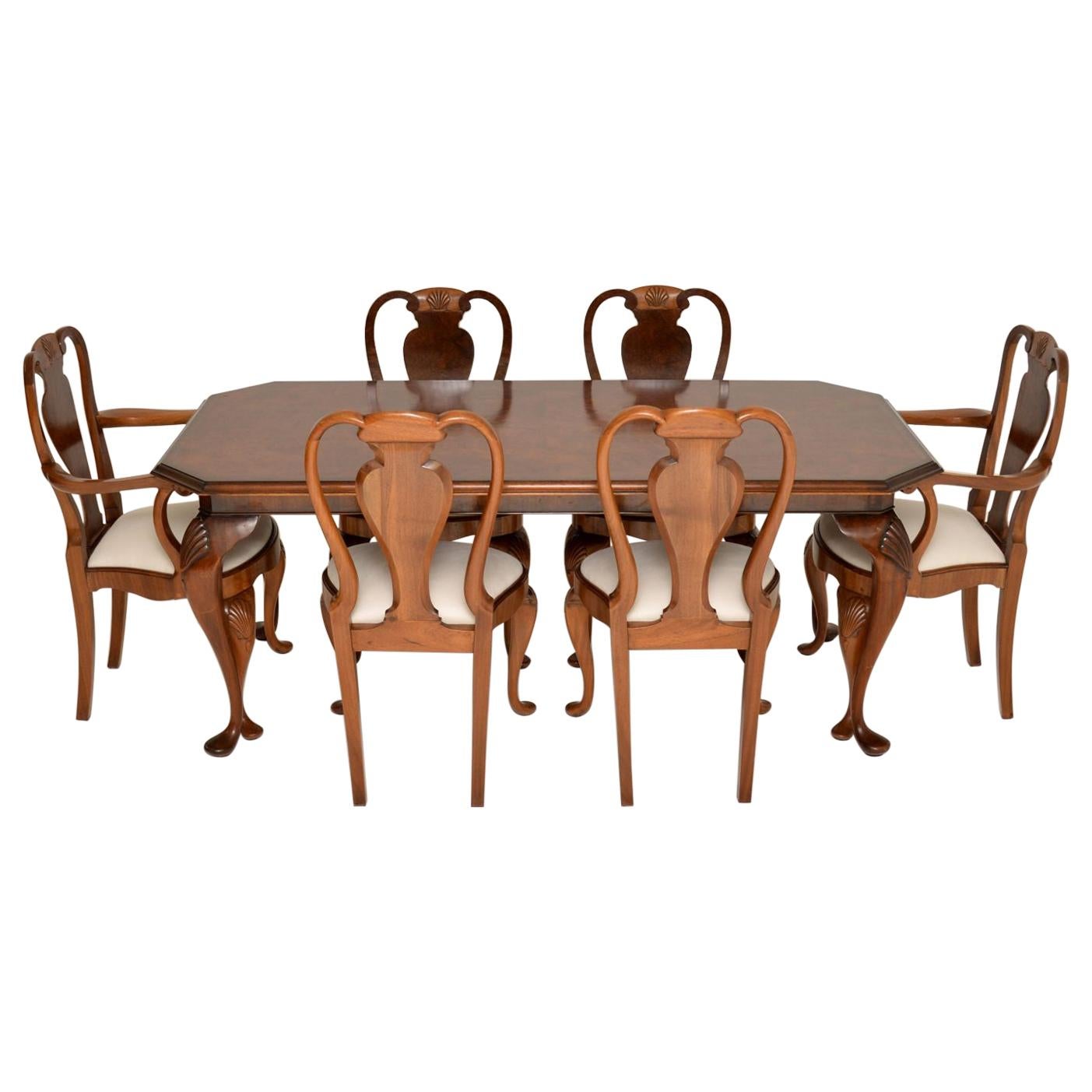 Antique Queen Anne Style Burr Walnut Dining Chairs and Table