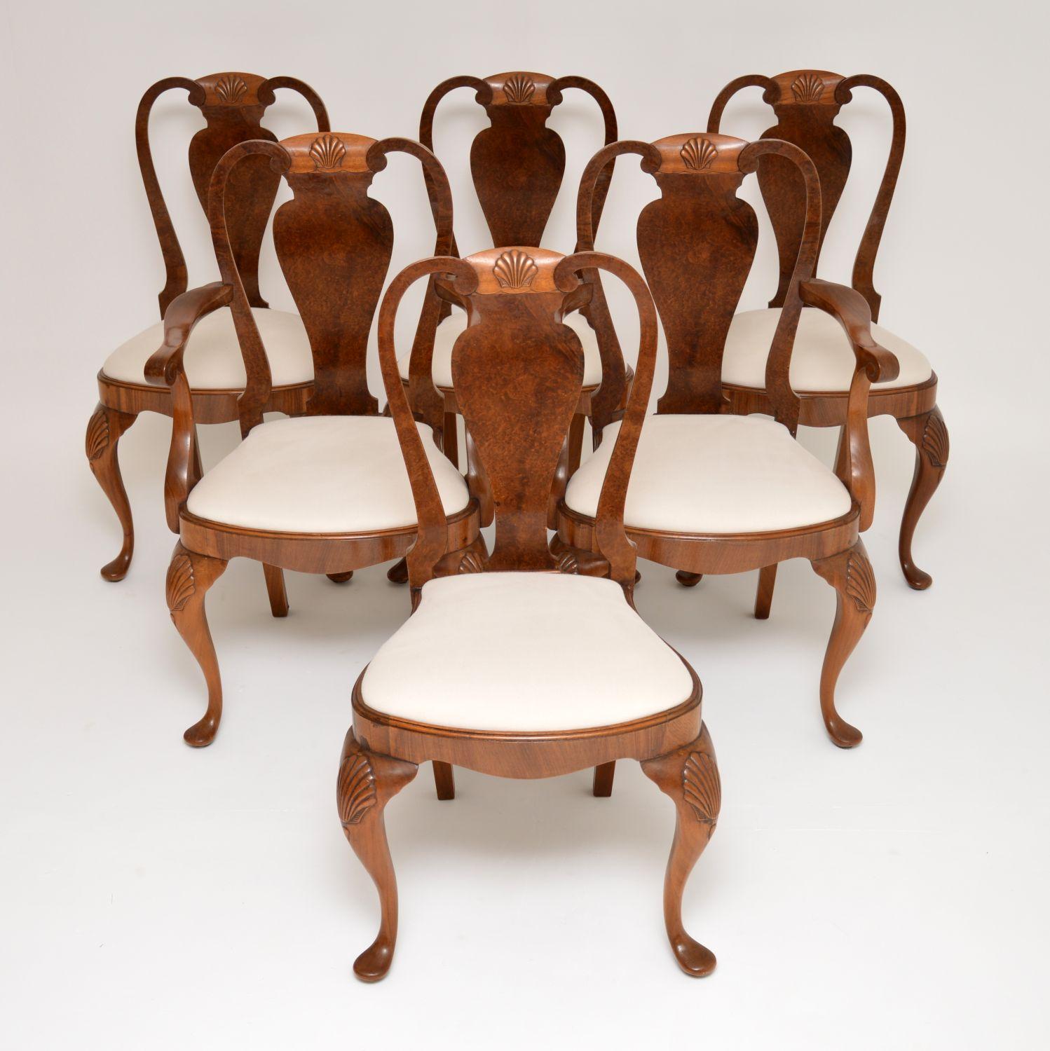 Antique Queen Anne Style Burr Walnut Dining Chairs & Table In Good Condition In London, GB