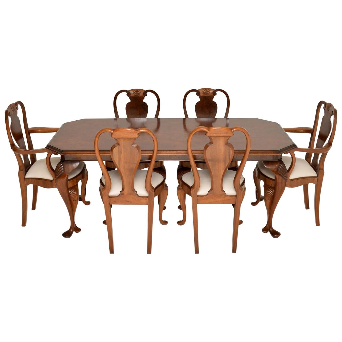 Antique Queen Anne Style Burr Walnut Dining Chairs & Table