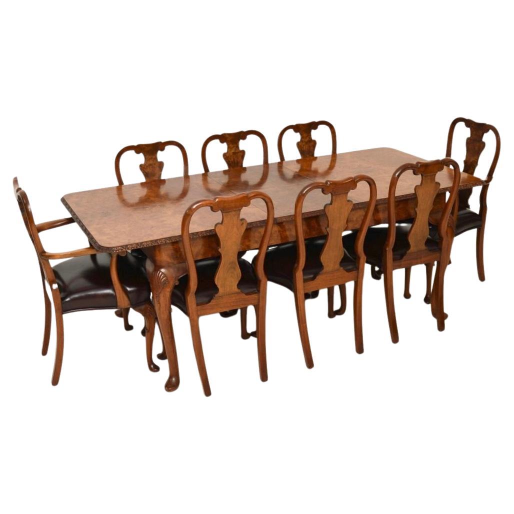 Antique Queen Anne Style Burr Walnut Dining Table and Chairs