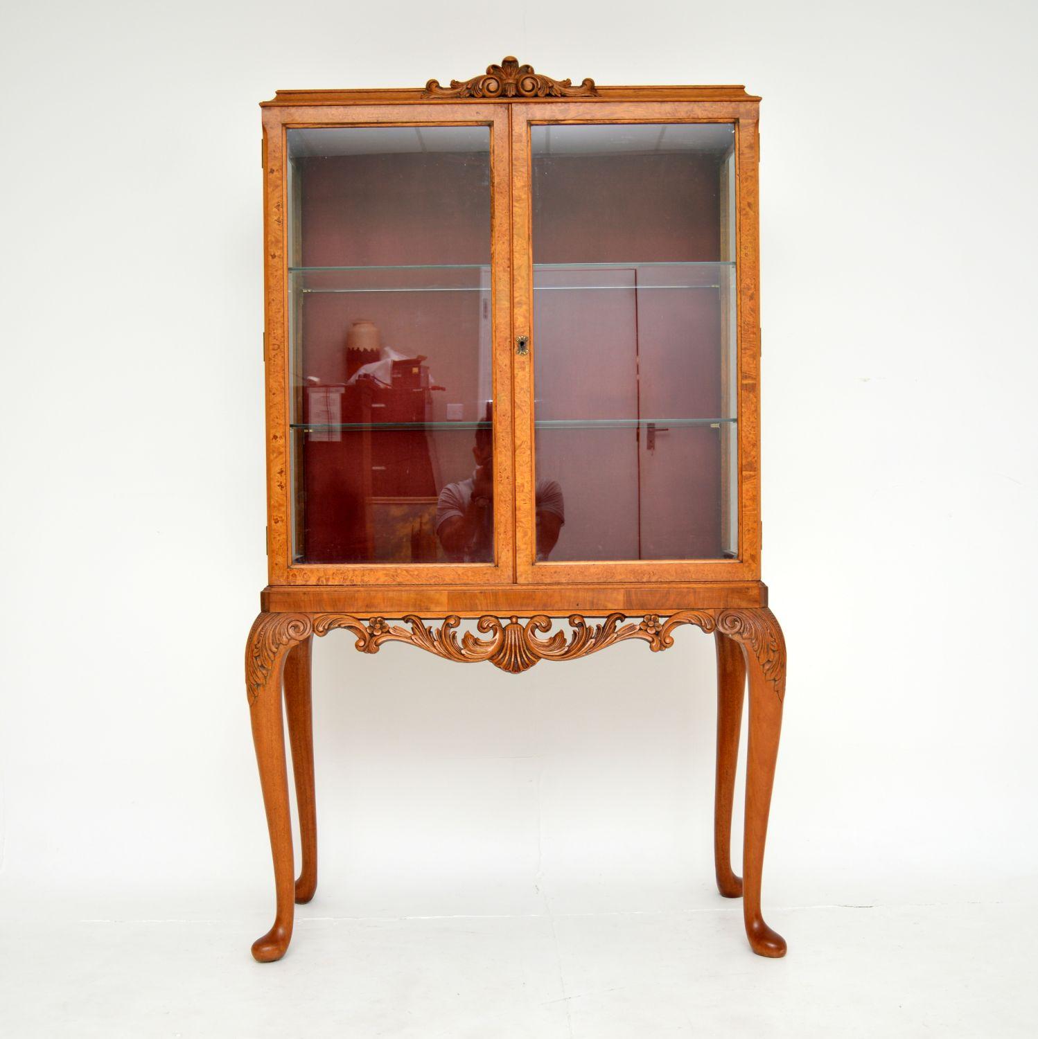 English Antique Queen Anne Style Burr Walnut Display Cabinet