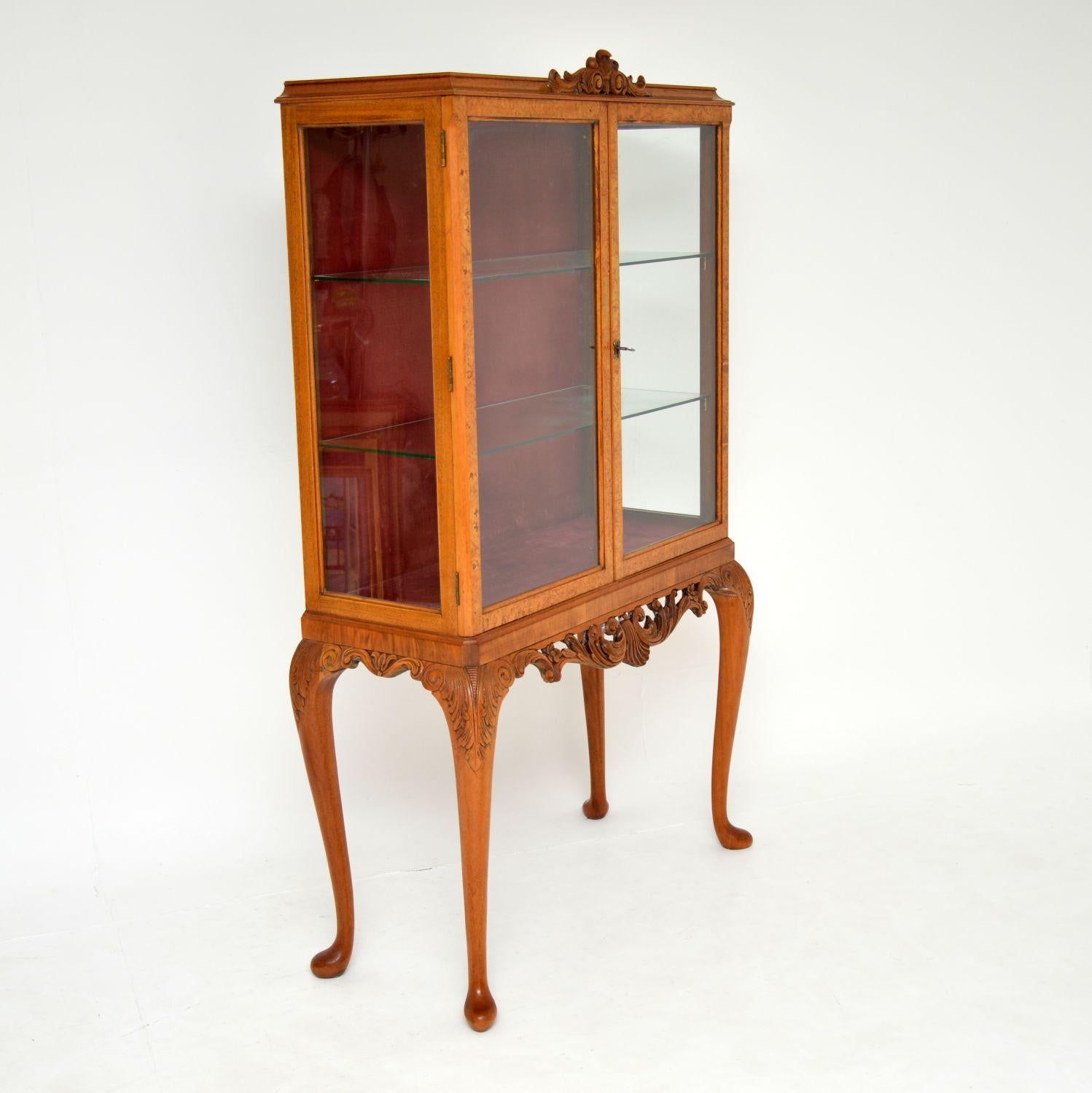 Mid-20th Century Antique Queen Anne Style Burr Walnut Display Cabinet