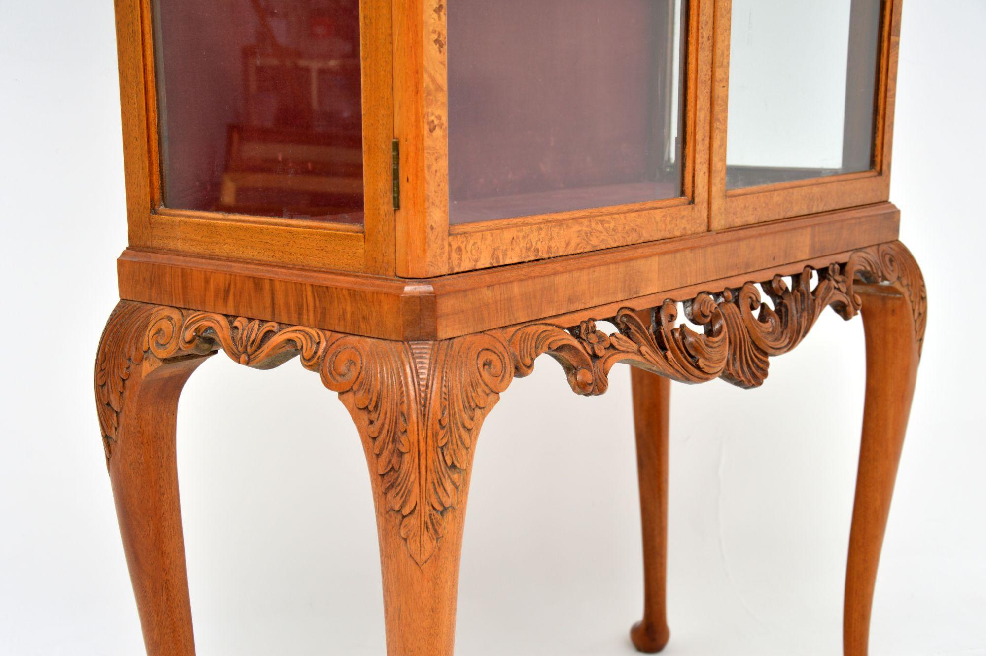 Antique Queen Anne Style Burr Walnut Display Cabinet 1