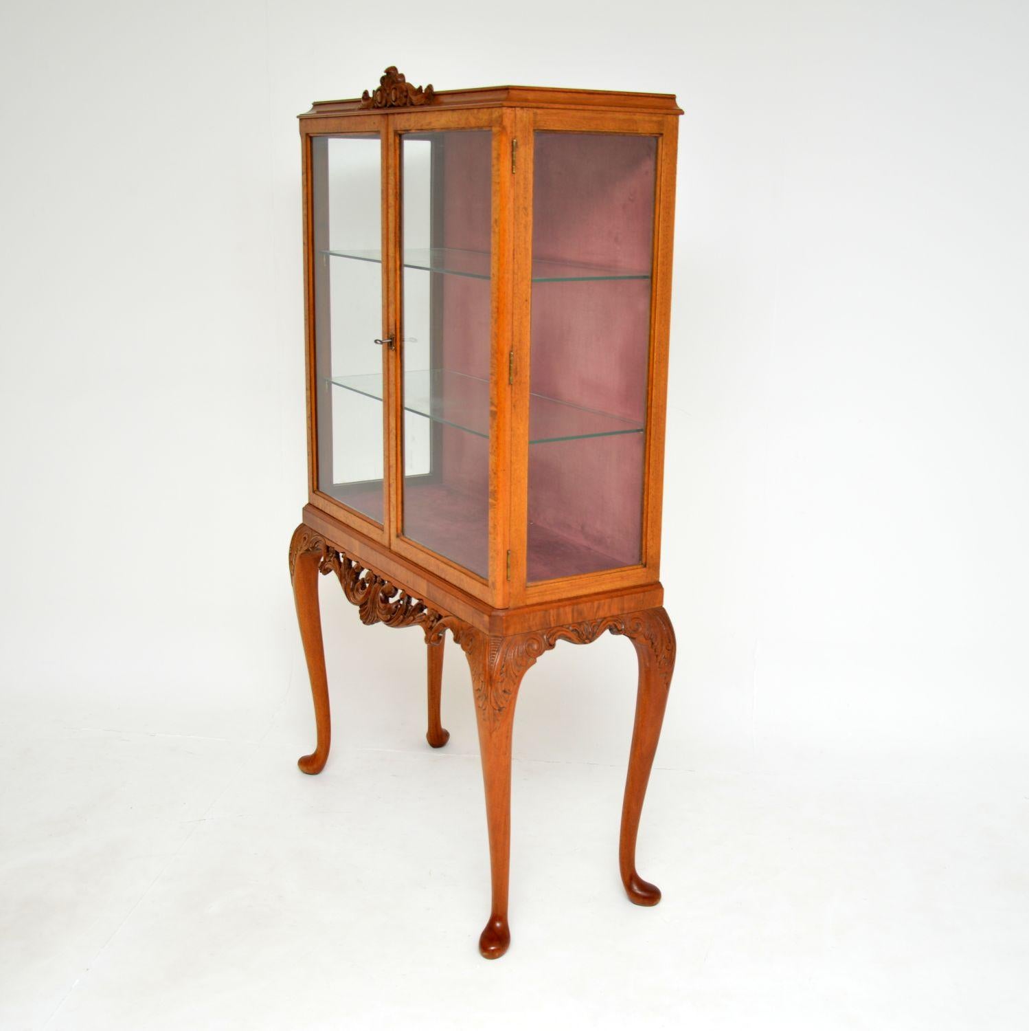 Antique Queen Anne Style Burr Walnut Display Cabinet 3