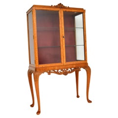 Antique Queen Anne Style Burr Walnut Display Cabinet