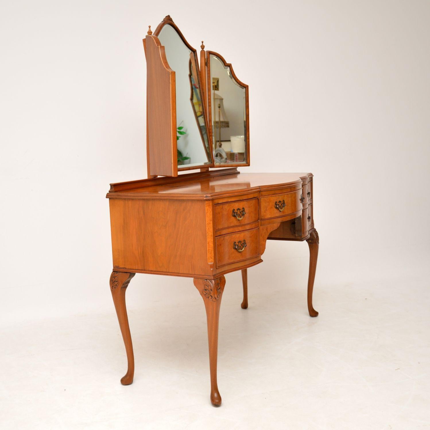 English Antique Queen Anne Style Burr Walnut Dressing Table
