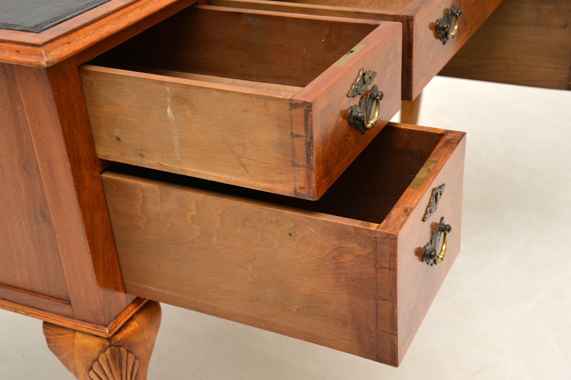 Antique Queen Anne Style Burr Walnut Leather Top Desk 3