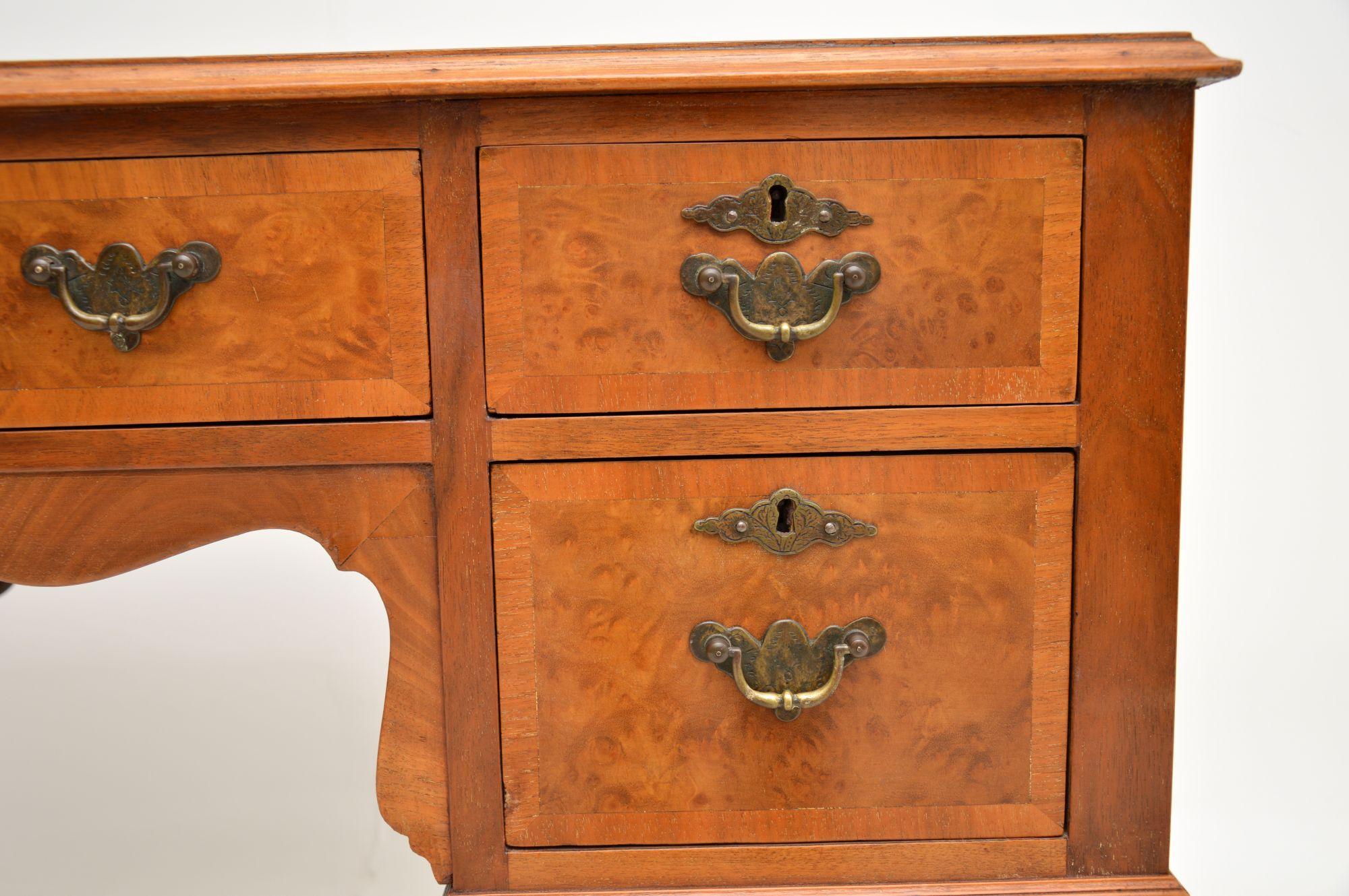20th Century Antique Queen Anne Style Burr Walnut Leather Top Desk