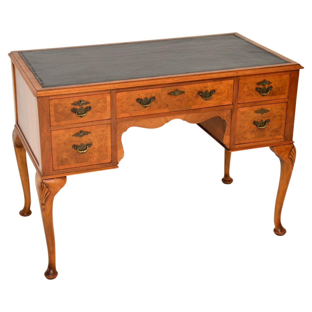 Antique Queen Anne Style Burr Walnut Leather Top Desk For Sale at