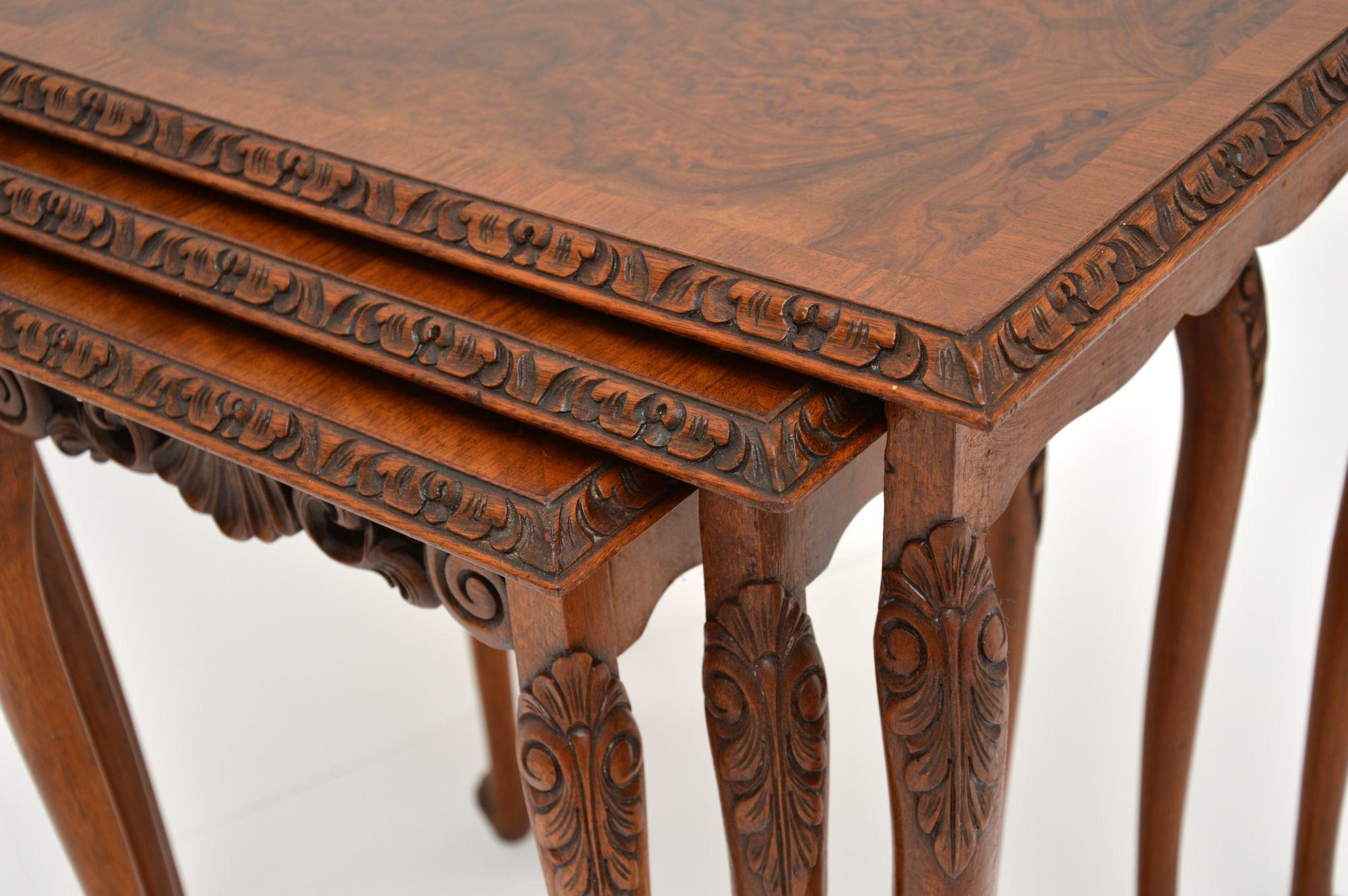 A beautiful and useful nest of tables in the antique Queen Anne style. They date from circa 1920s-1930s period.

These are extremely fine quality, with amazing carving, and gorgeous burr walnut grain patterns.

We have had these recently French