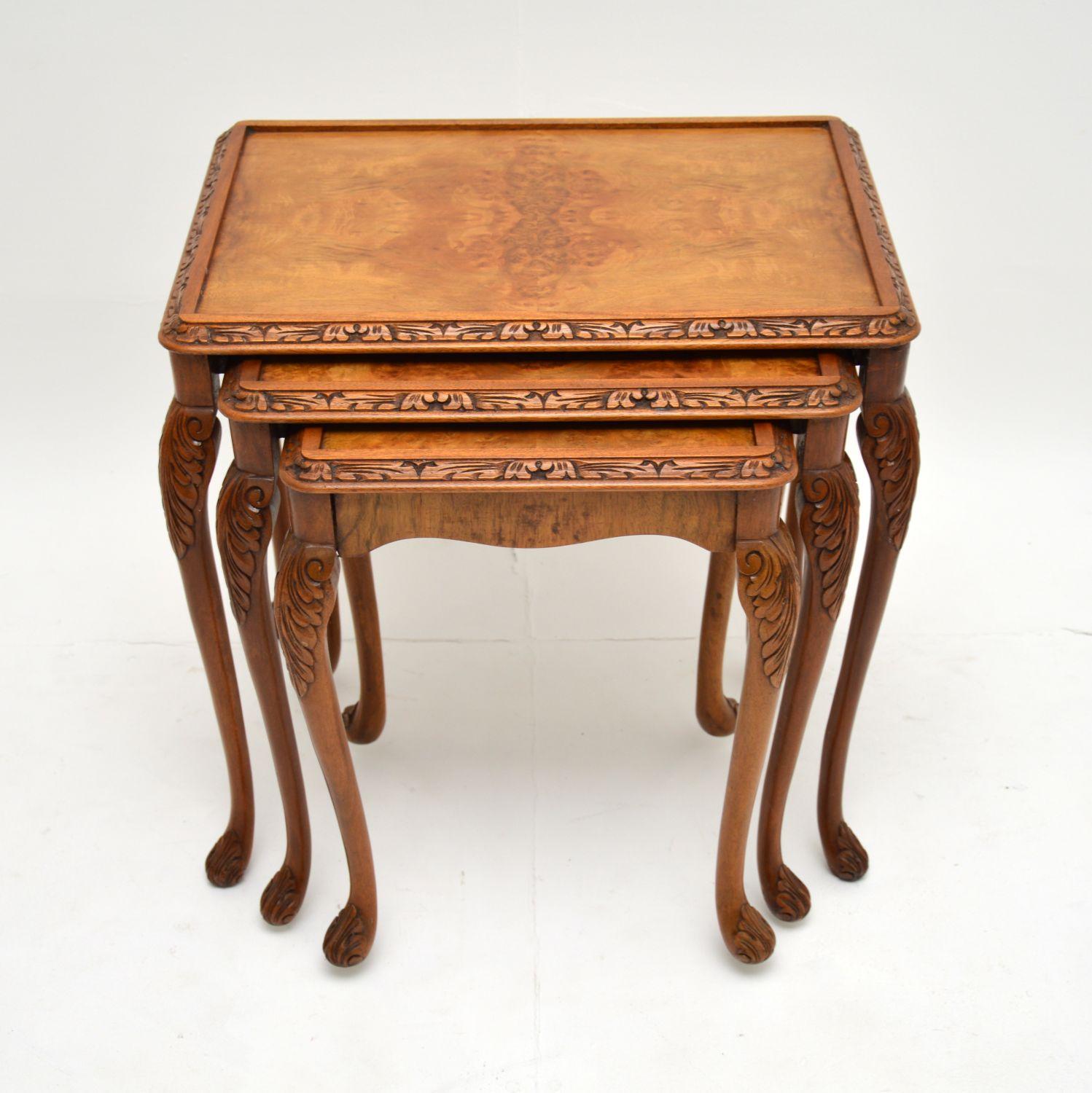 English Antique Queen Anne Style Burr Walnut Nest of Tables