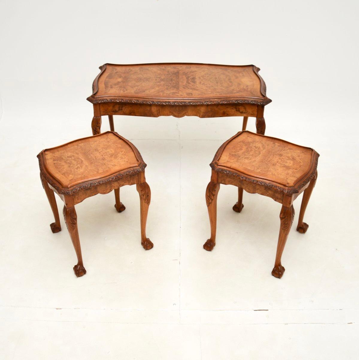 British Antique Queen Anne Style Burr Walnut Nesting Coffee Table For Sale