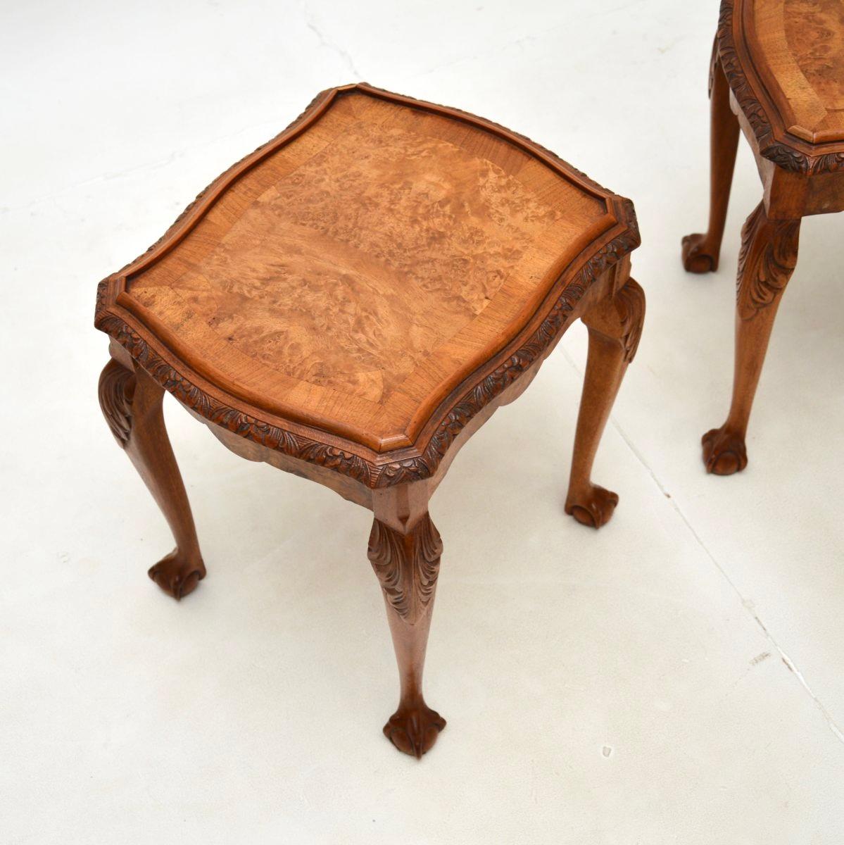 Antique Queen Anne Style Burr Walnut Nesting Coffee Table For Sale 3