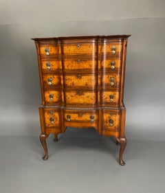 Antique Queen Anne style burr walnut tall boy chest of drawers commode