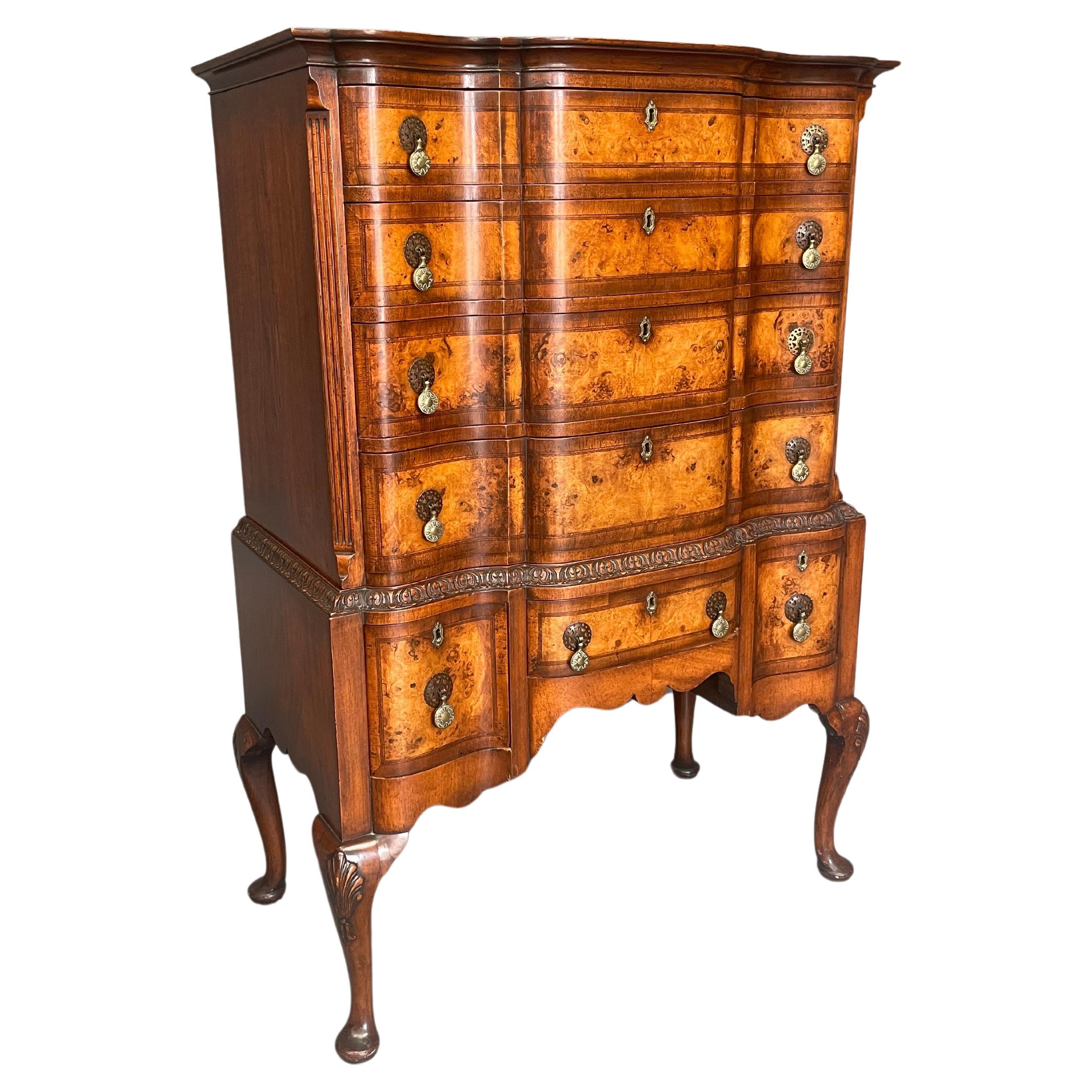 Antique Queen Anne style burr walnut tall boy chest of drawers commode 