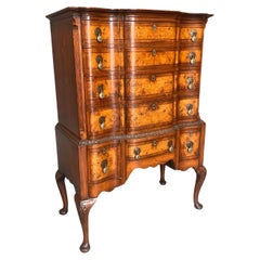 Antique Queen Anne style burr walnut tall boy chest of drawers commode 