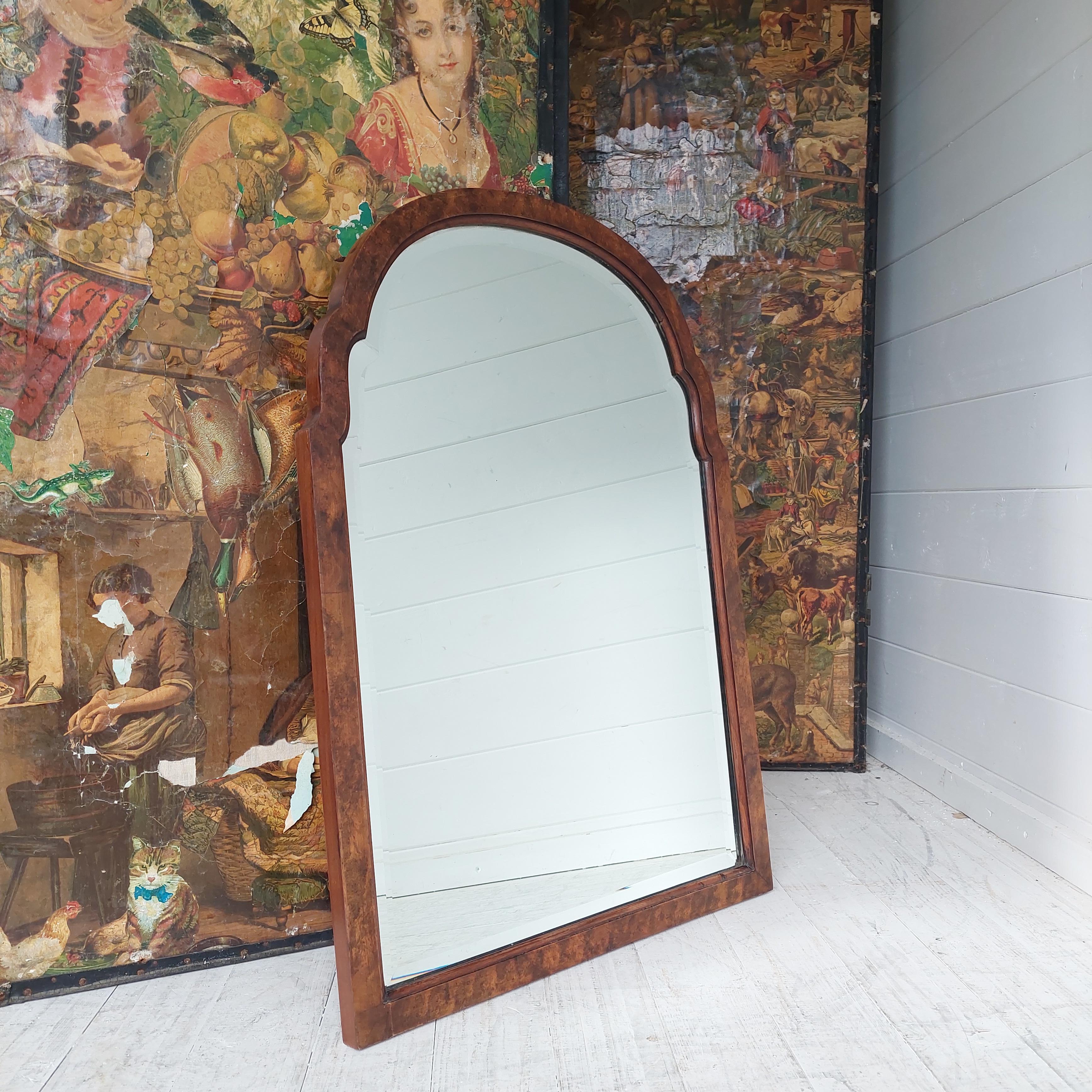 Antique Queen Anne Style Burr Walnut Wall Mirror Victorian 1800s 1