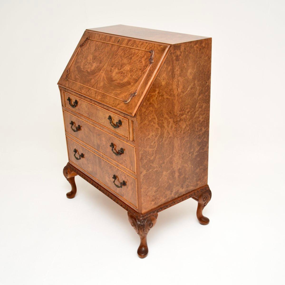 Antique Queen Anne Style Burr Walnut Writing Bureau For Sale 1