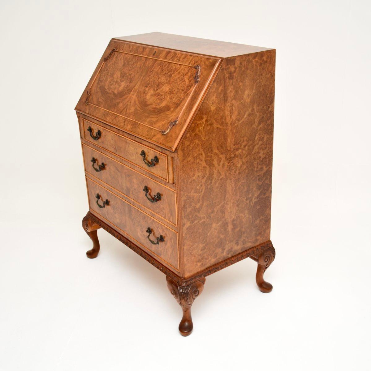 Mid-20th Century Antique Queen Anne Style Burr Walnut Writing Bureau