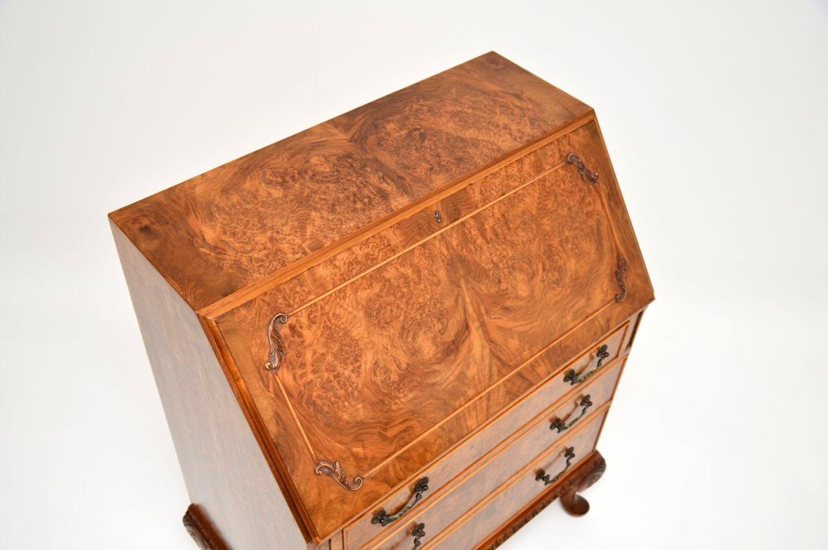 Antique Queen Anne Style Burr Walnut Writing Bureau For Sale 2