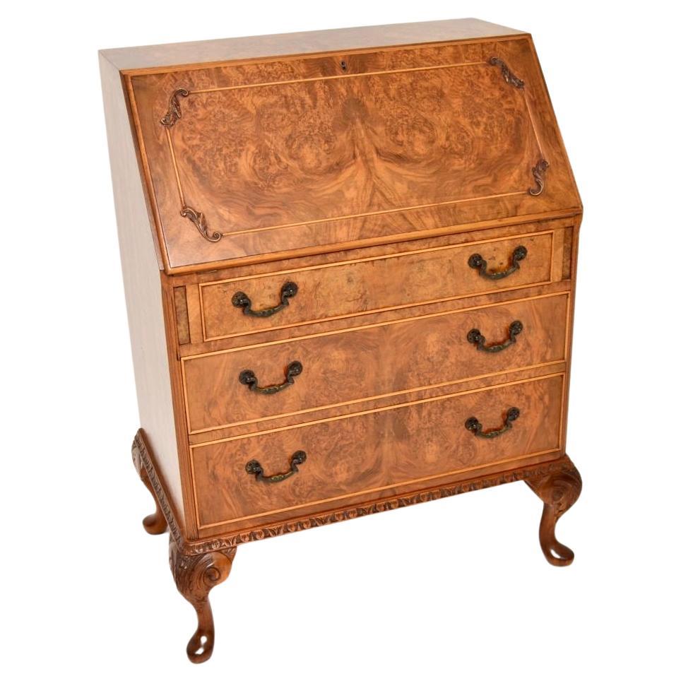 Antique Queen Anne Style Burr Walnut Writing Bureau For Sale