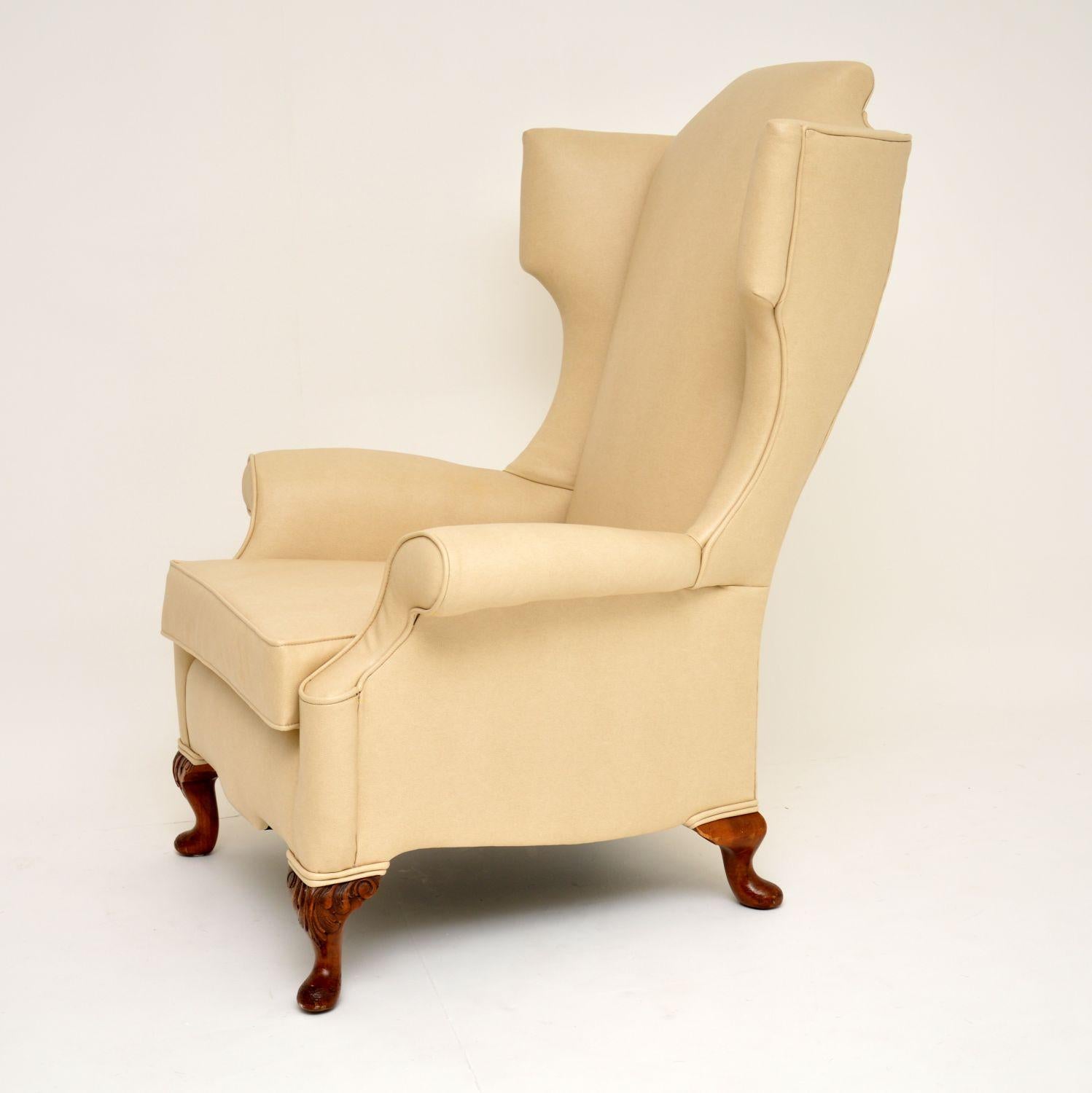 This antique Queen Anne style wing armchair is extremely comfortable with good back support & generous proportions.

It’s just been re-upholstered in a top quality imitation textured leather, which has a lovely soft feel & actually feels like