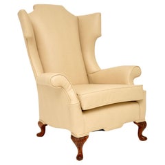 Antique Queen Anne Style Faux Leather Wing Back Armchair