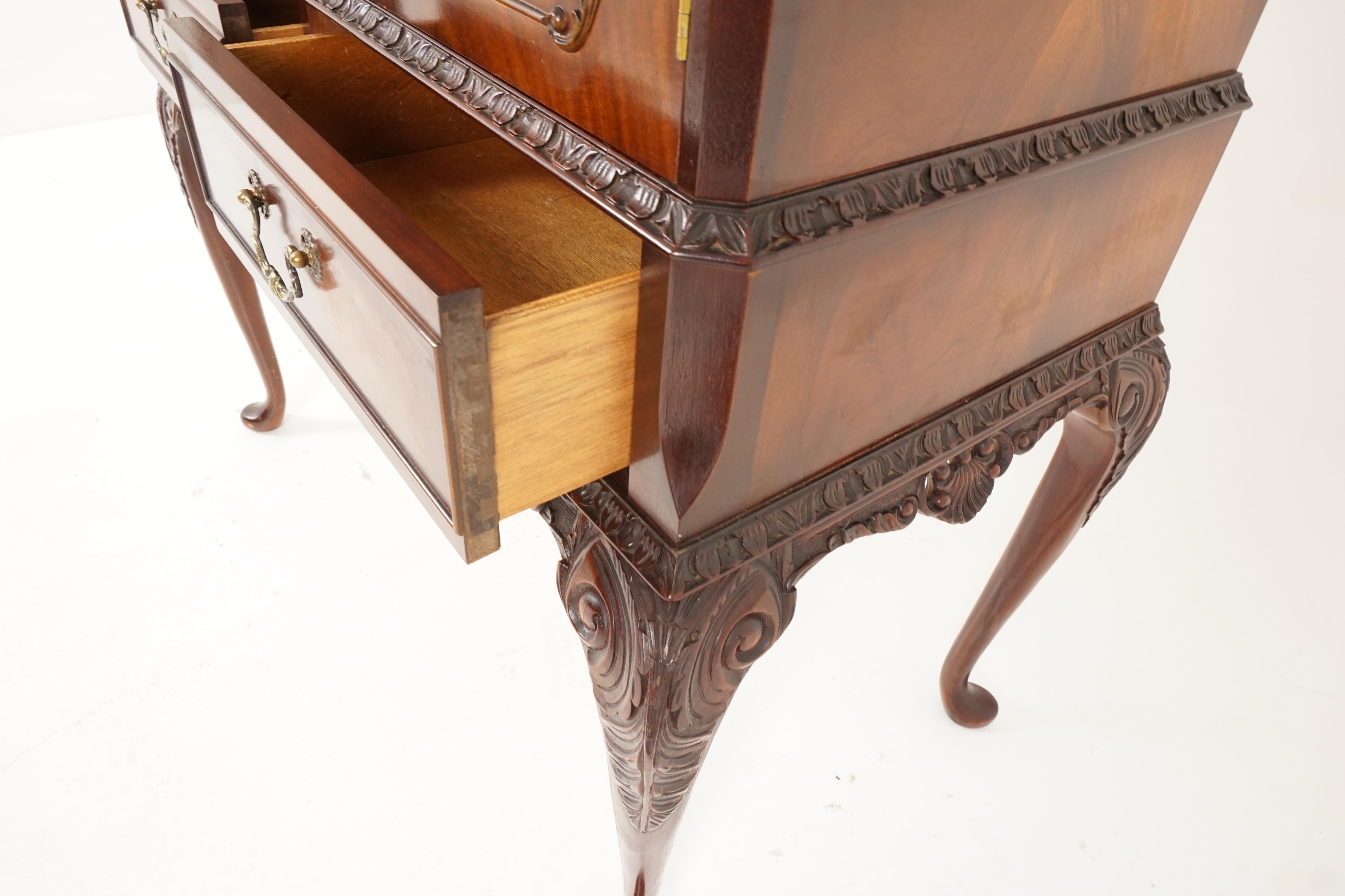 Scottish Antique Queen Anne Style Walnut Cocktail Drinks Cabinet, Scotland 1930, B2182