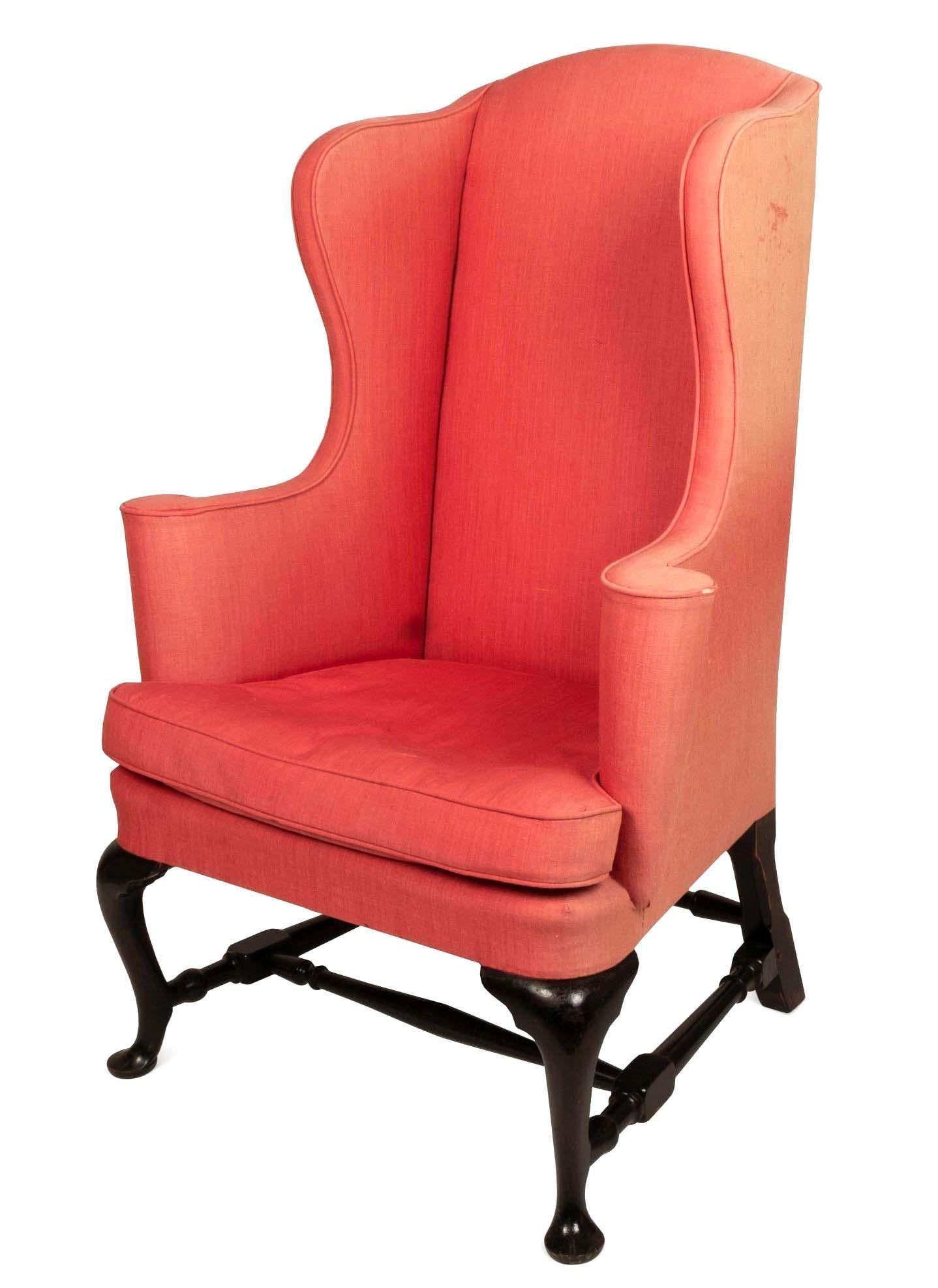Hand-Crafted Antique Queen Anne Style Red Wingback Armchair For Sale