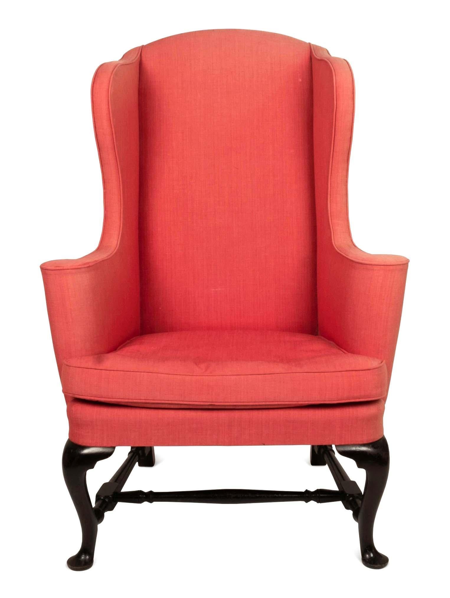 Antique Queen Anne Style Red Wingback Armchair In Good Condition For Sale In Sheridan, CO