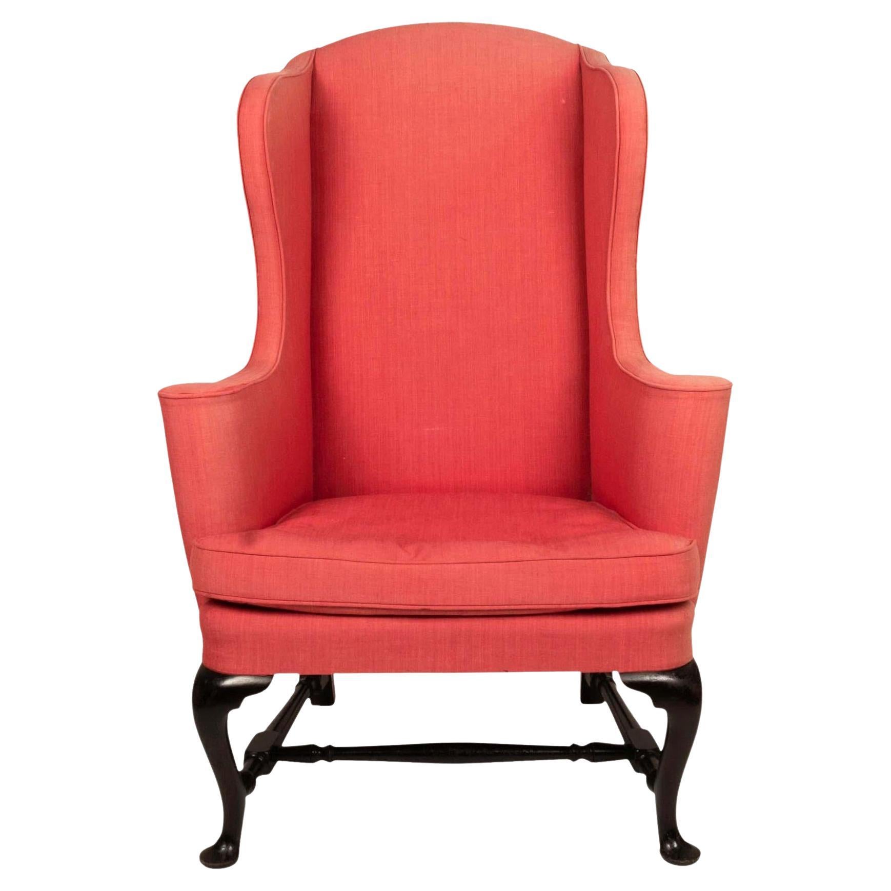 Antique Queen Anne Style Red Wingback Armchair For Sale