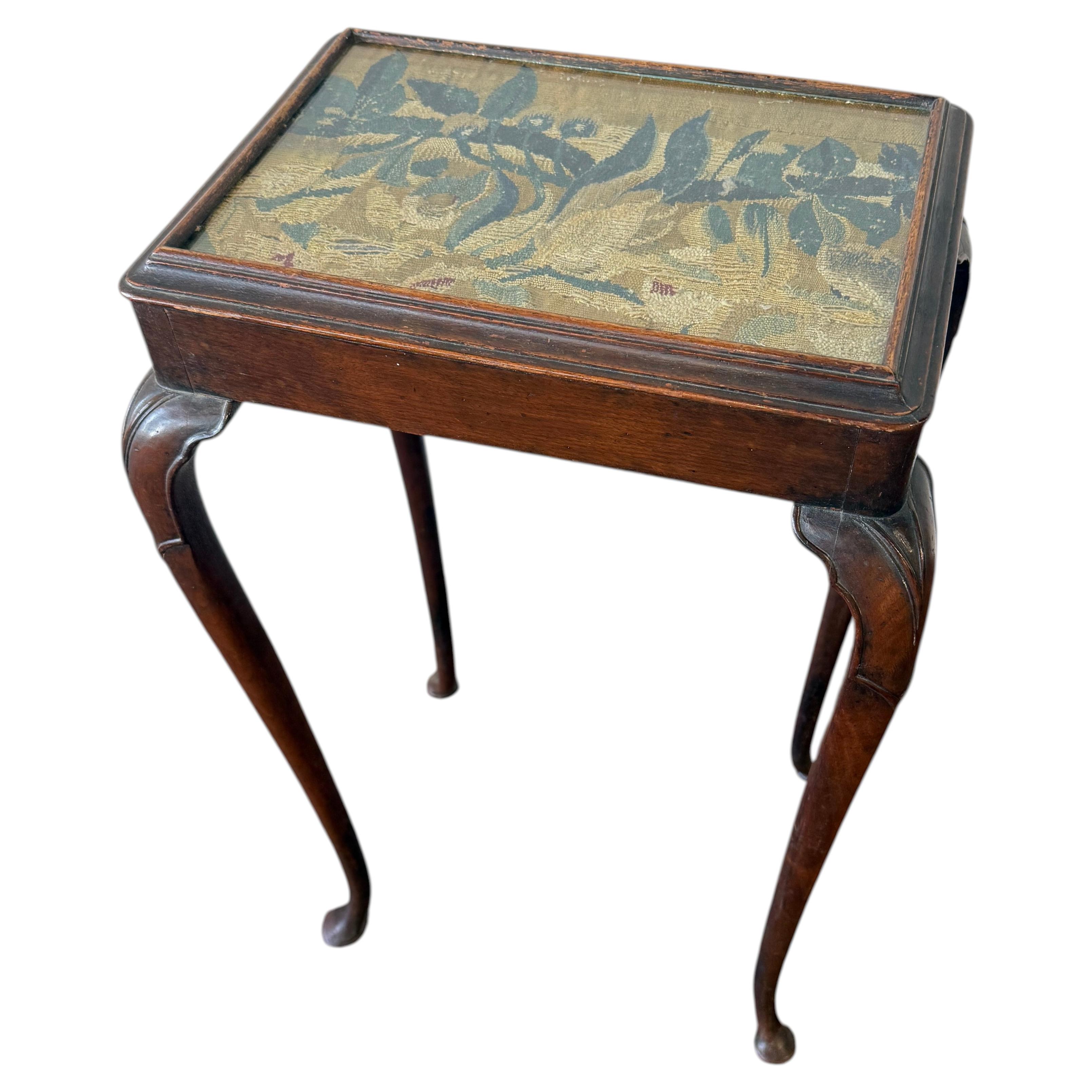 Antique Queen Anne Style Tapestry Top Occasional Table For Sale