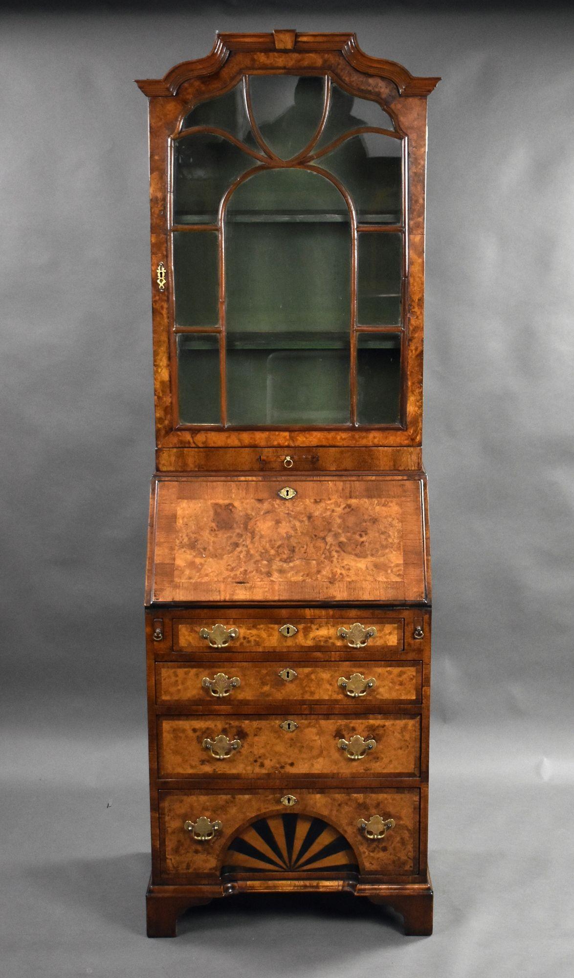 European Antique Queen Anne Style Walnut Bureau Bookcase
