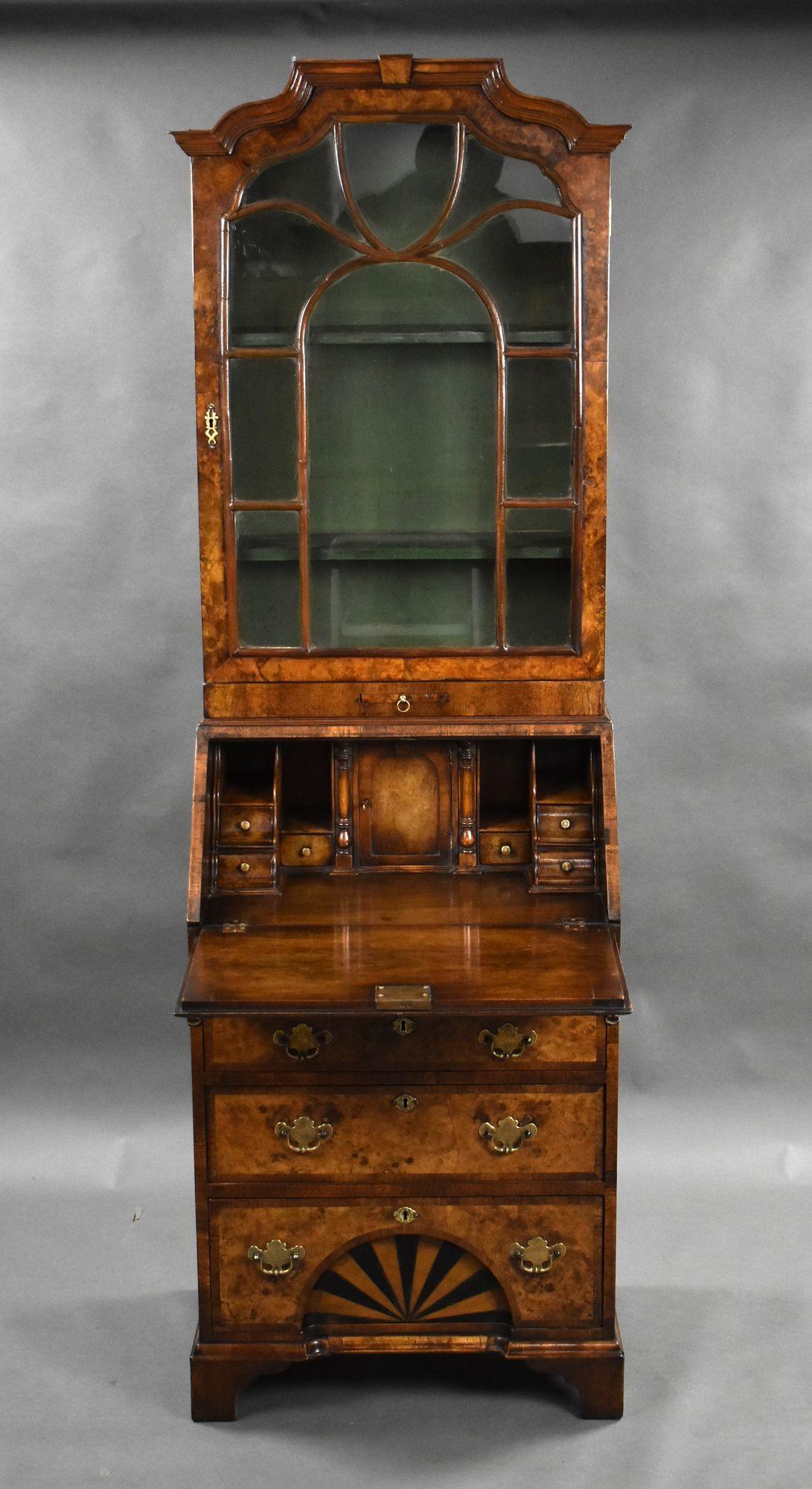 Antique Queen Anne Style Walnut Bureau Bookcase In Good Condition In Chelmsford, Essex