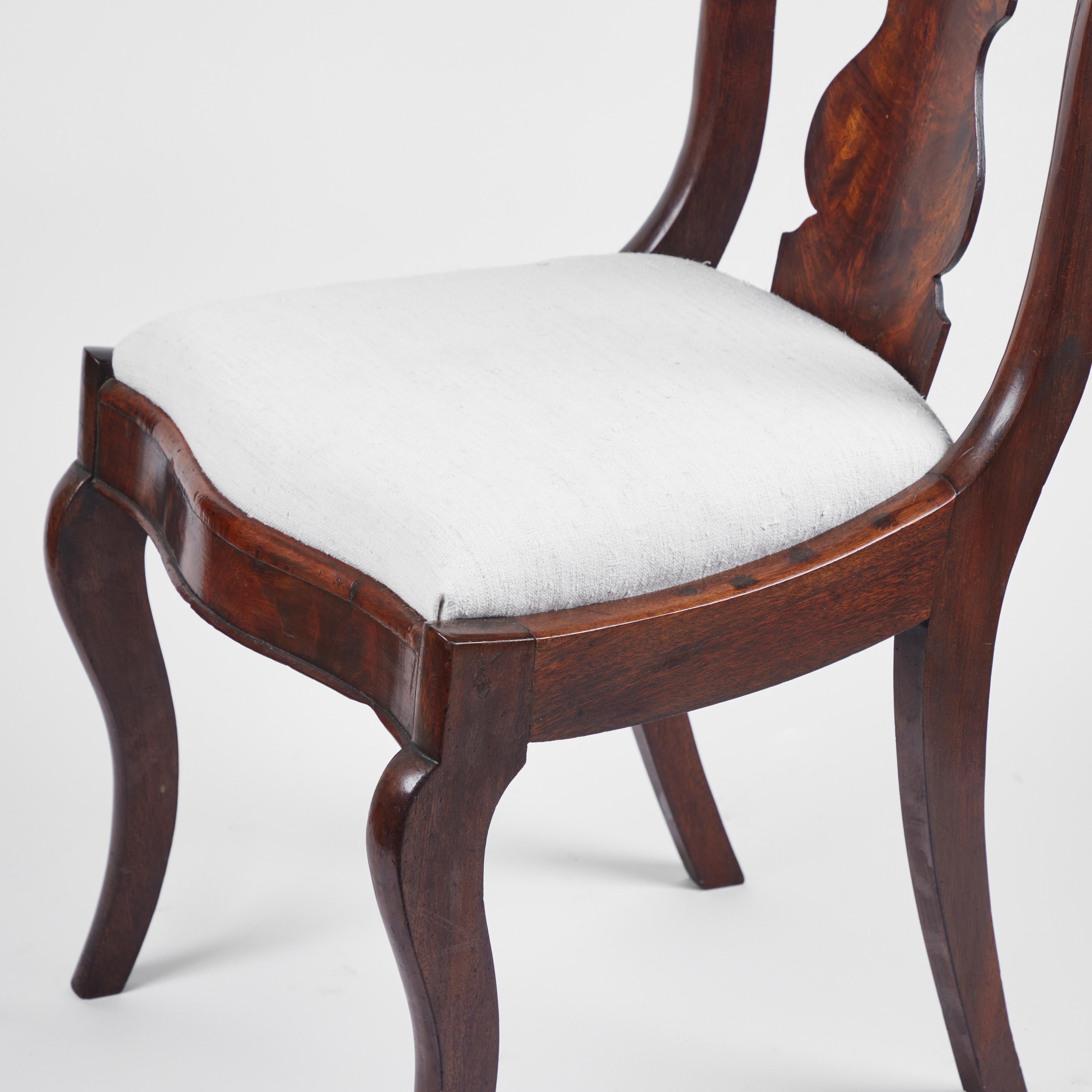 Linen Antique Queen Anne Style Walnut Burl Wood Chairs Pair